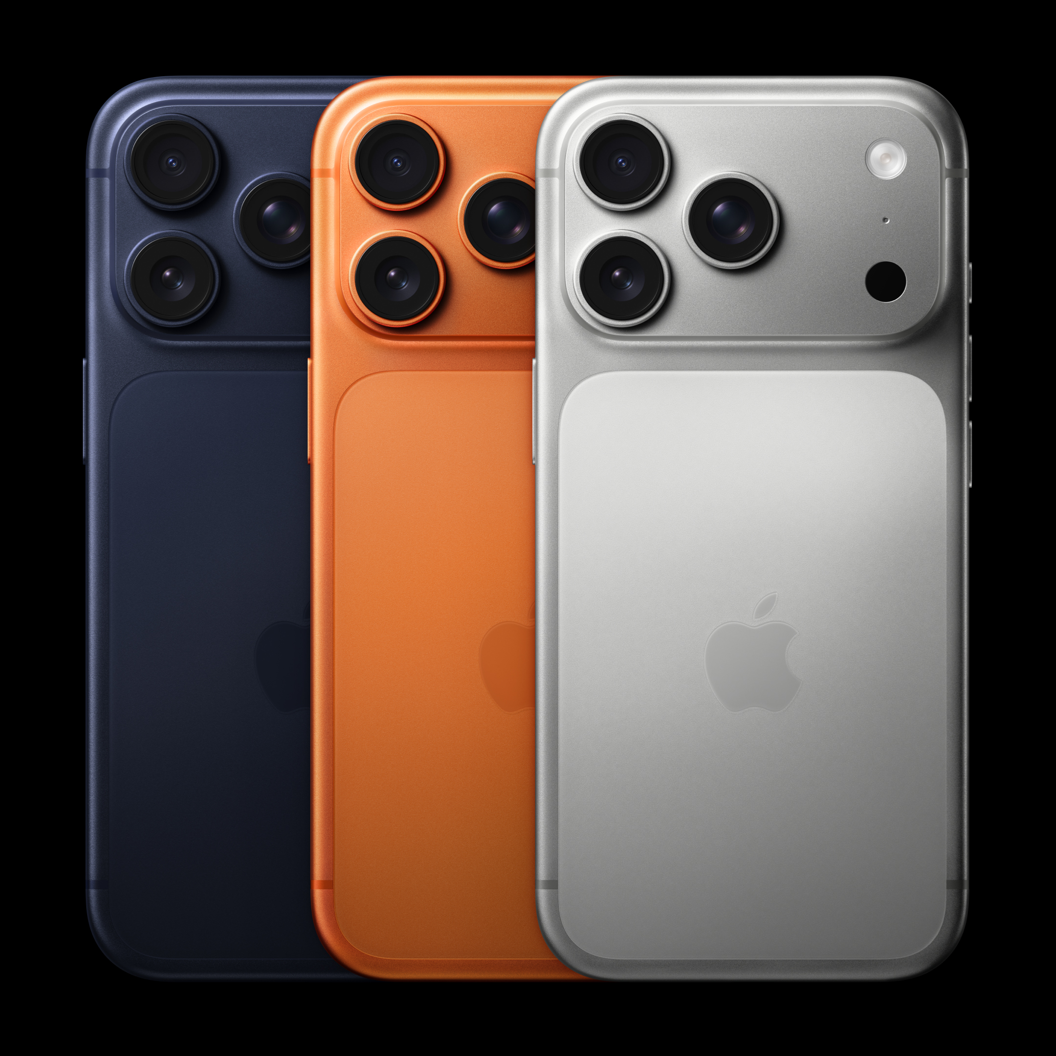 iPhone 17 Pro, iPhone 17 Pro Max 三種顏色機身圖：橘色、深藍色、銀色