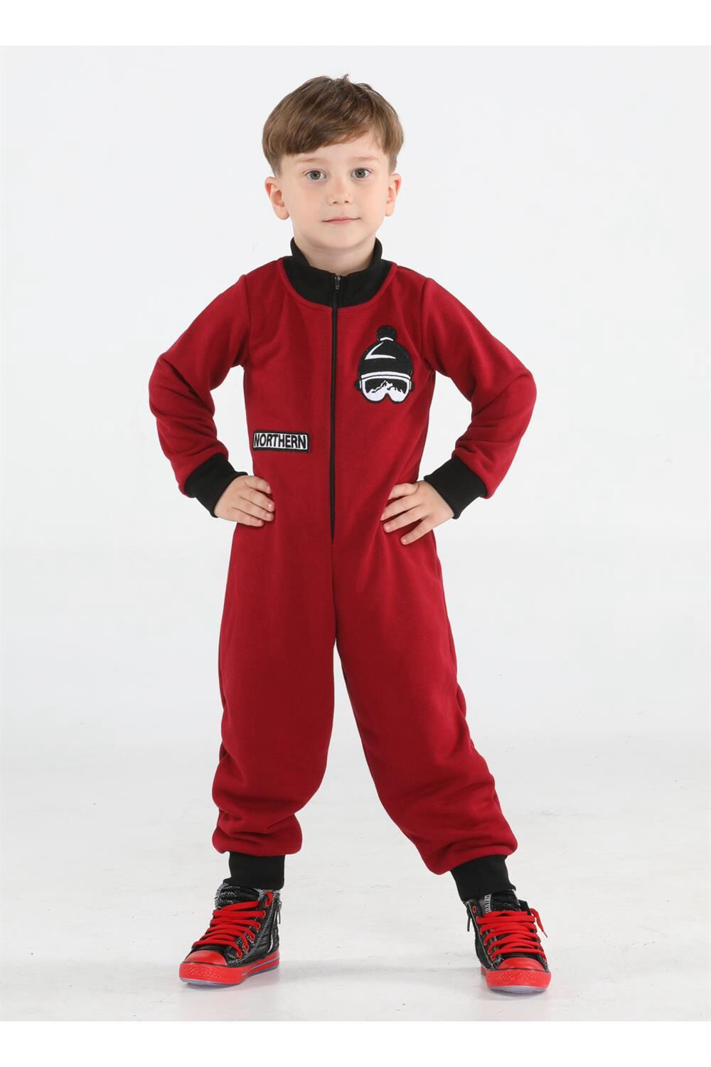 Boys long sleeve jumpsuit with front zipper pants - Rounded Neckline