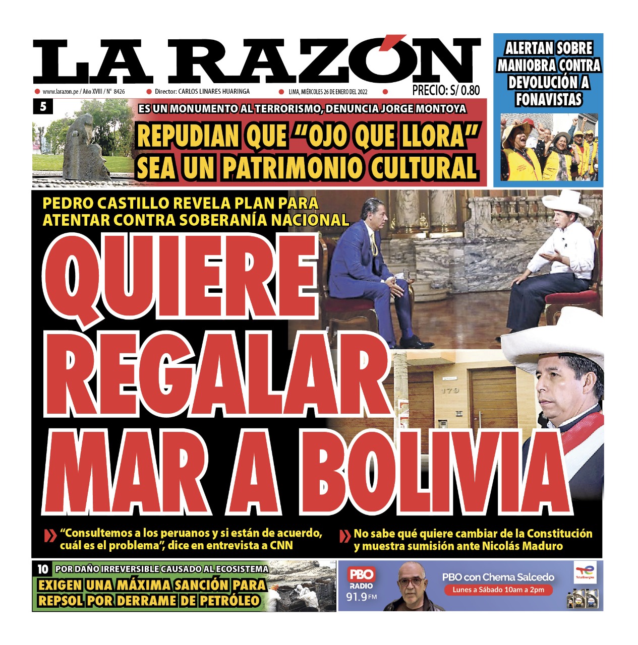 Portada impresa – Diario La Razón (26/01/2022)