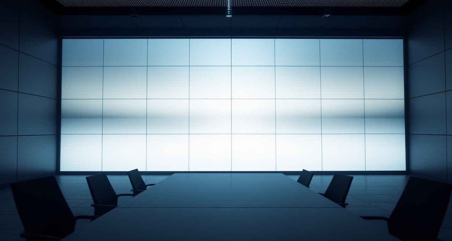 A briefing room with a large tiled video wall displaying a continuous abstract gradient