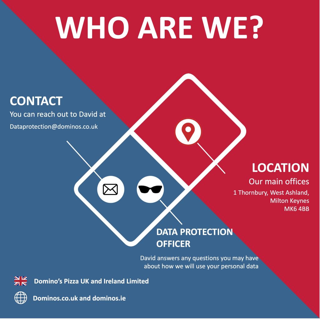 Who are we? Contact. You can reach out to David at. Location. Our main offices. Data protection officer. David answers any questions you may have about how we will use your personal data. Domino's Pizza UK and Ireland Limited. Dominos.co.uk and dominos.ie