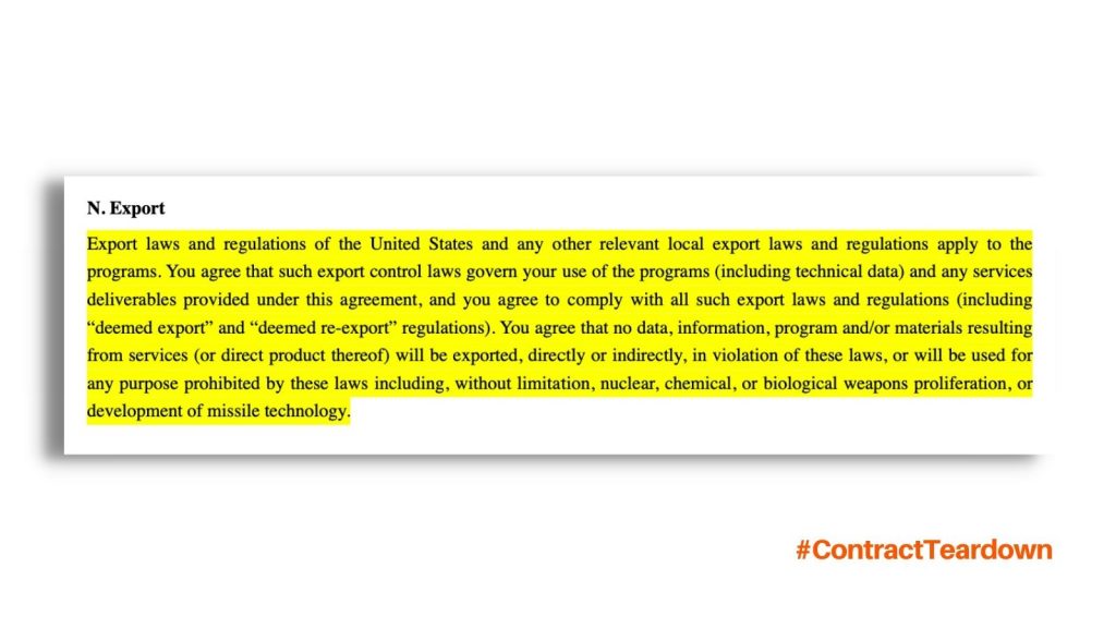 Export laws and regulations of the United States and any other relevant local export laws and regulations apply to the programs. You agree that such export control laws govern your use of the programs (including technical data) and any services deliverables provided under this agreement, and you agree to comply with all such export laws and regulations (including "deemed export" and "deemed re-export" regulations). You agree that no data, information, program and/or materials resulting from services (or direct product thereof) will be exported, directly or indirectly, in violation of these laws, or will be used for any purpose prohibited by these laws including, without limitation, nuclear, chemical, or biological weapons proliferation, or development of missile technology.