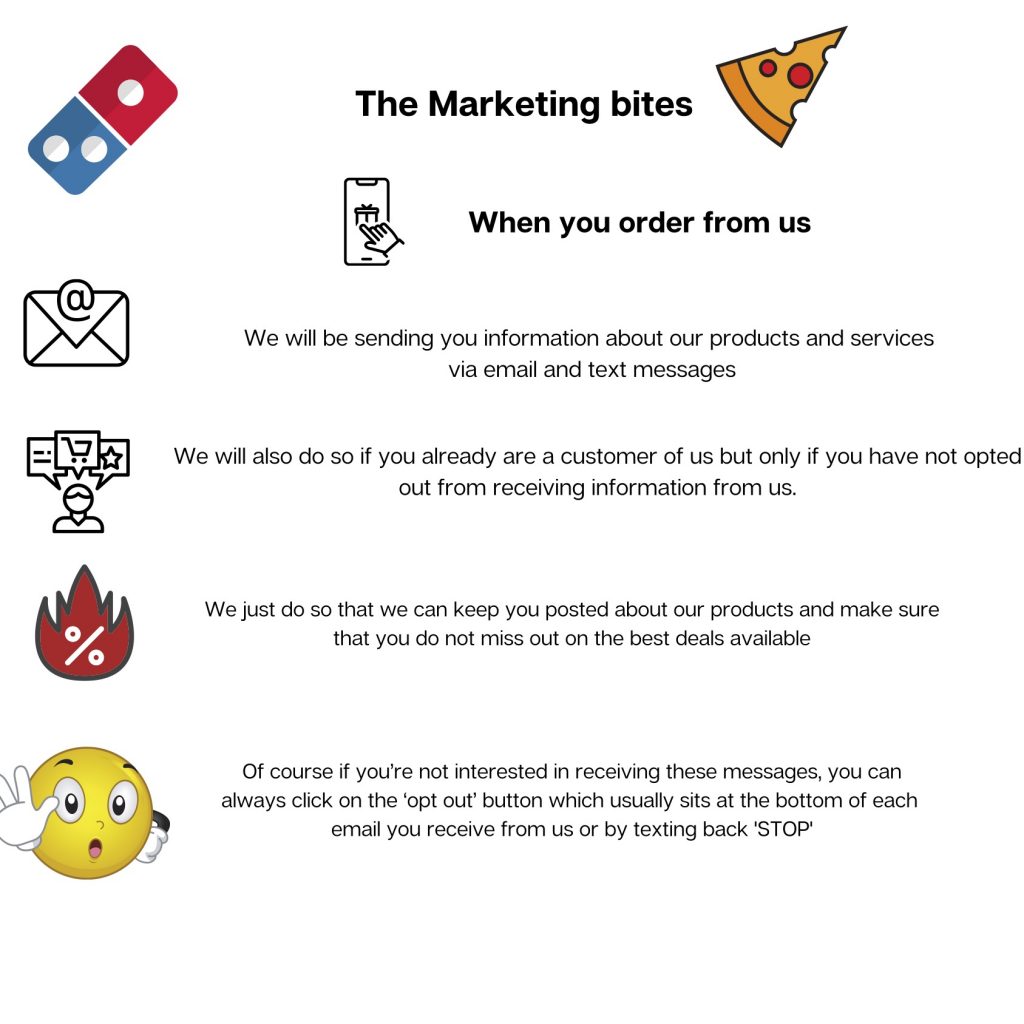 The Marketing Bites. When you order from us, we will be sending you information about our products and services via email and text messages. We will also do so if you already are a customer of us but only if you have not opted out from receiving information from us. We just do so that we can keep you posted about our products and make sure that you do not miss out on the best deals available. Of course, if you're not interested in receiving these messages, you can always click on the 'opt out' button which usually sits at the bottom of each email you receive from us or by texting back 'STOP'.