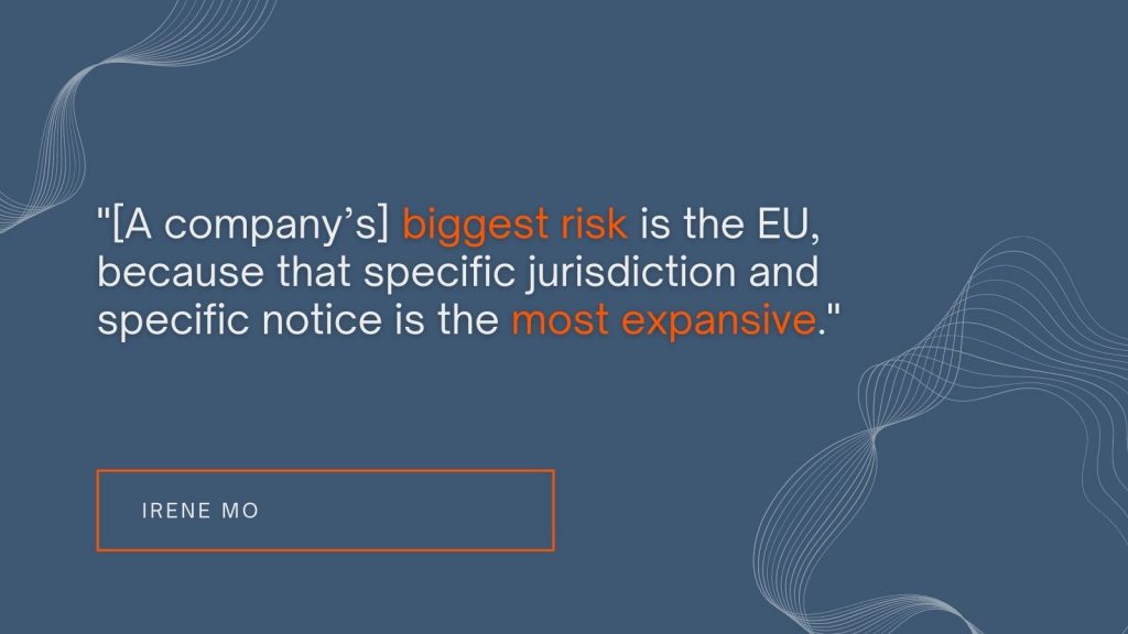 "A company's biggest risk is the EU, because that specific jurisdiction and specific notice is the most expansive." Irene Mo