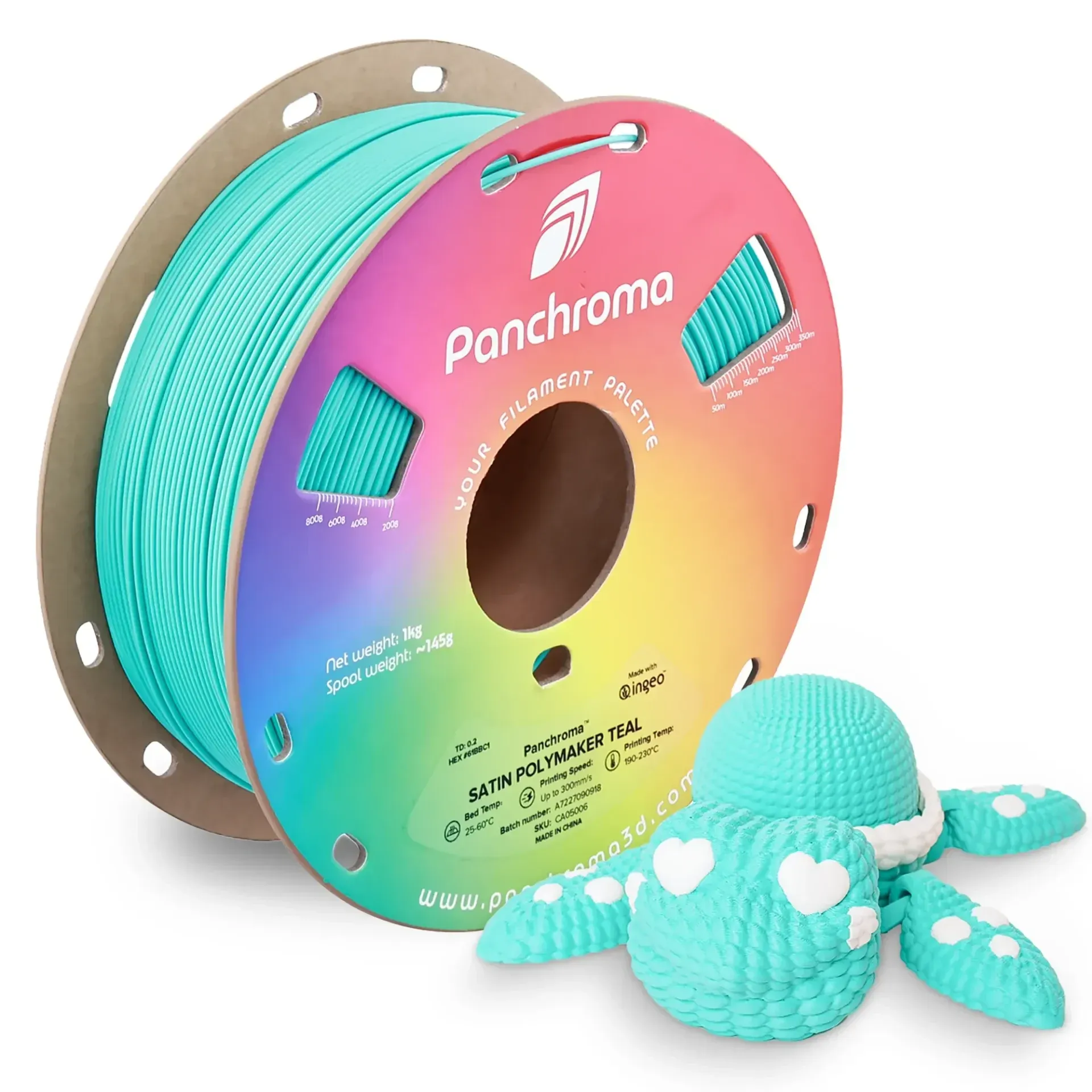 Panchroma Satin PLA Polymaker Teal, 1.75 mm 1 kg spool with a printed example