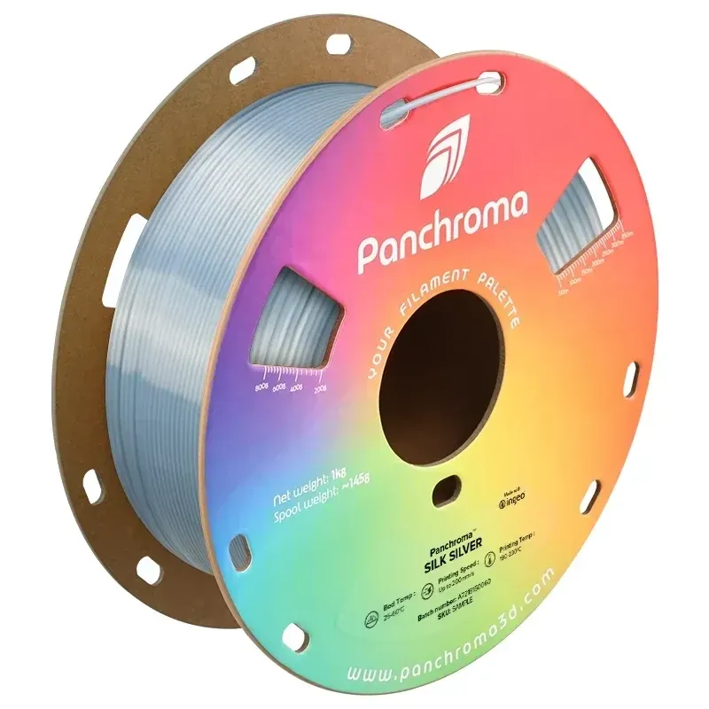 Panchroma Silk PLA Silver, 1.75 mm 1 kg spool with a printed example