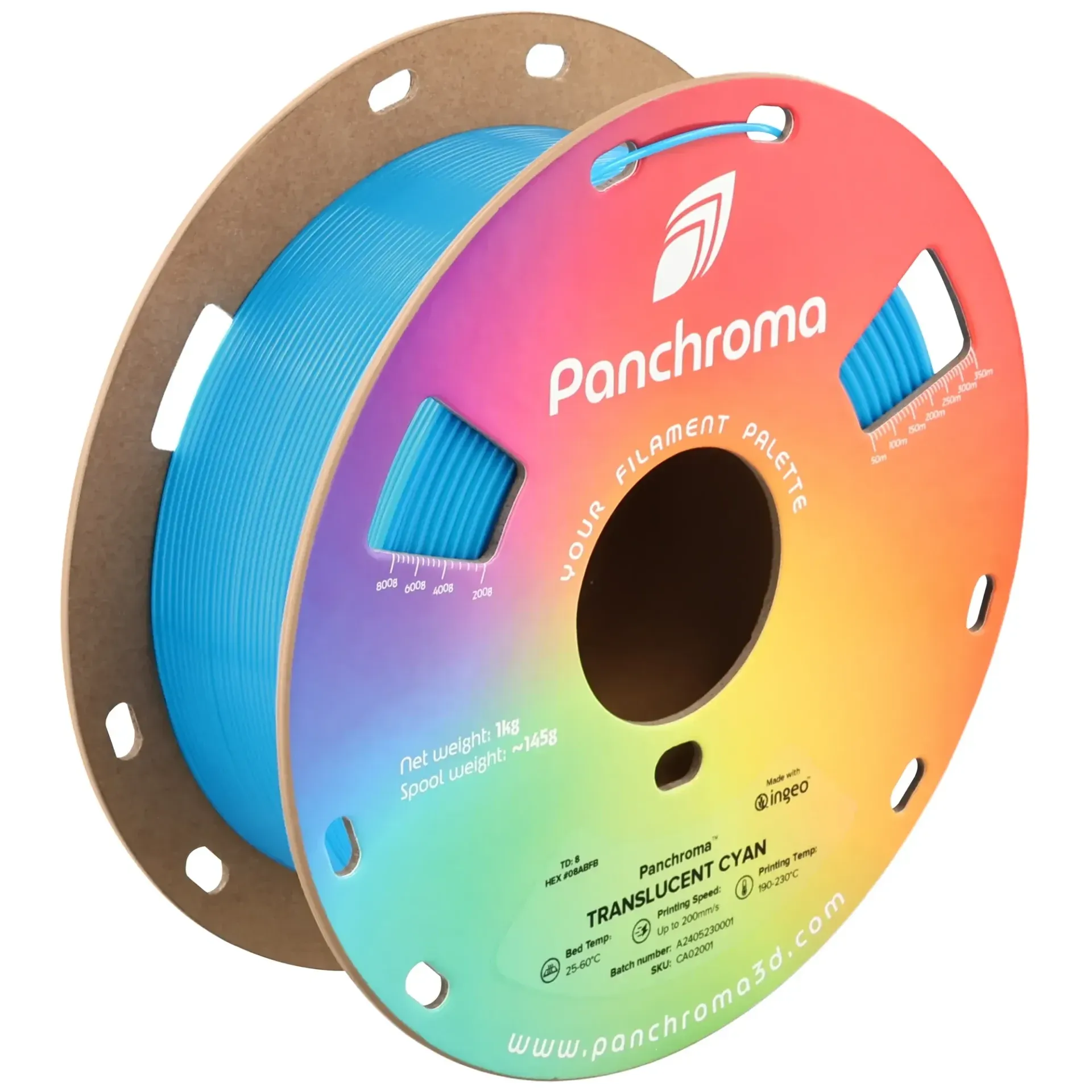 Panchroma Translucent PLA Cyan, 1.75 mm 1 kg spool with a printed example