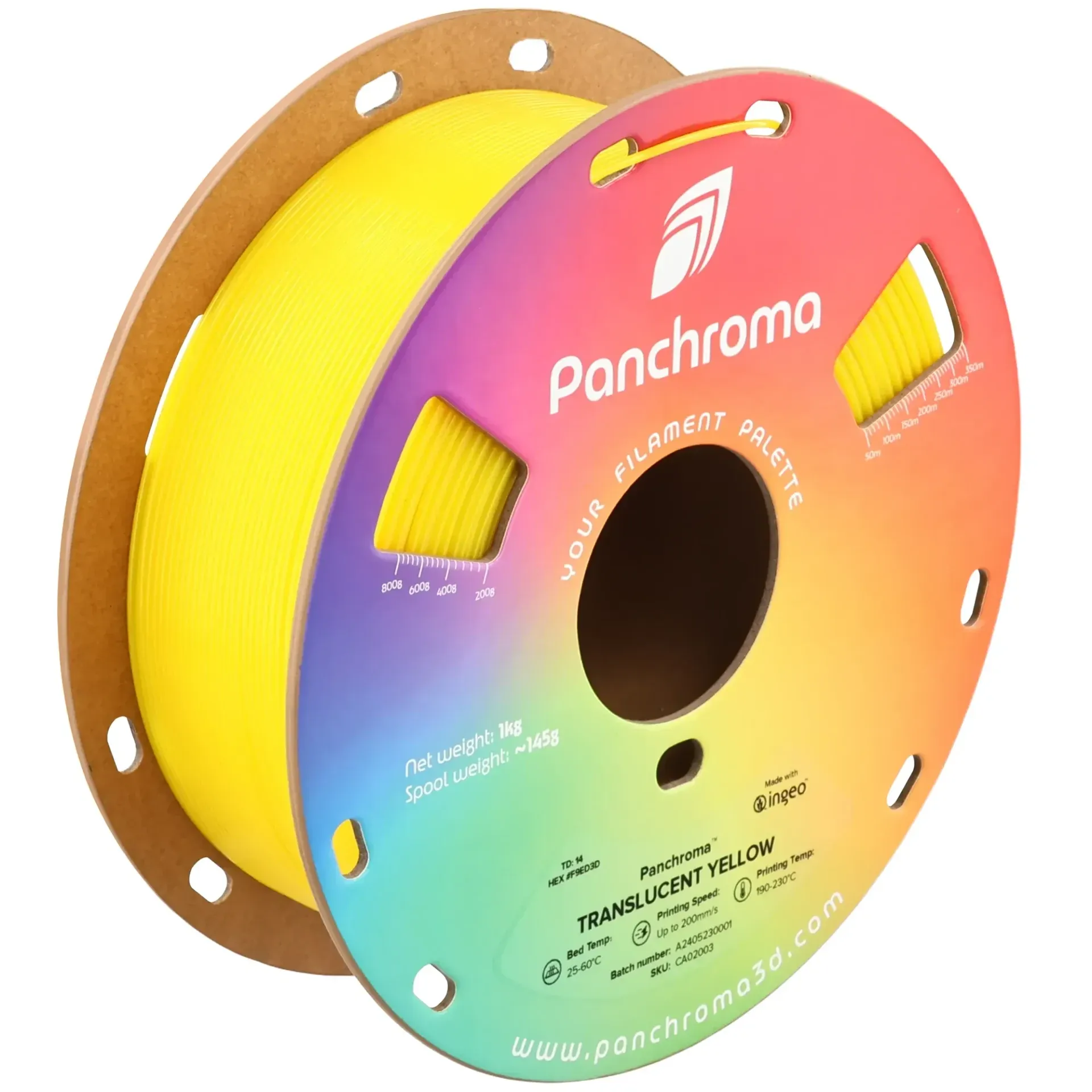 Panchroma Translucent PLA Yellow, 1.75 mm 1 kg spool with a printed example