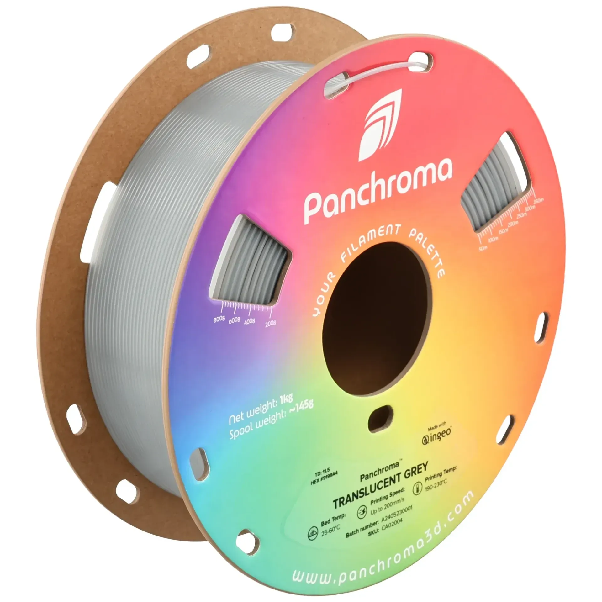 Panchroma Translucent PLA Gray, 1.75 mm 1 kg spool with a printed example
