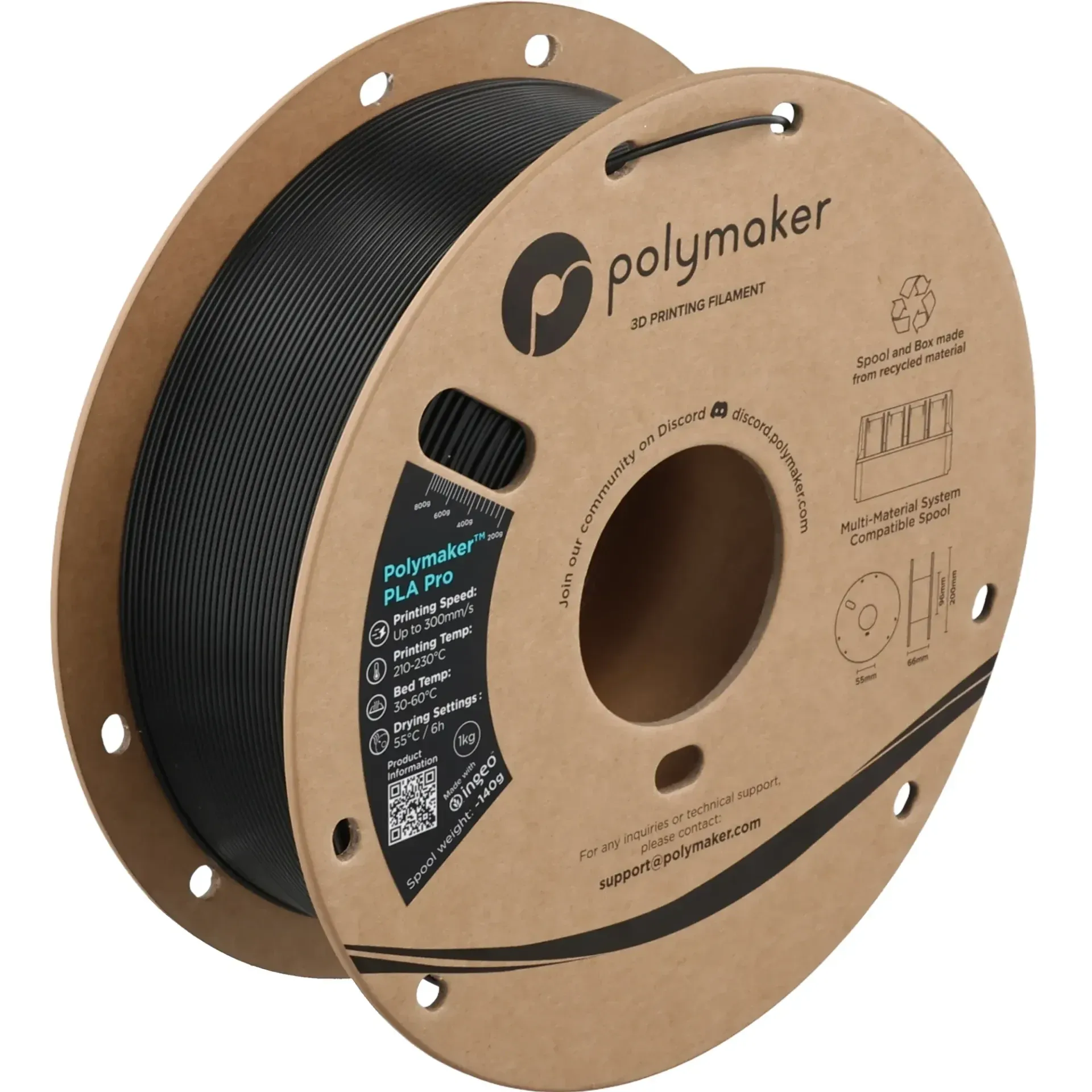 Polymaker PLA Pro Black, 1.75 mm 1 kg spool with a printed example
