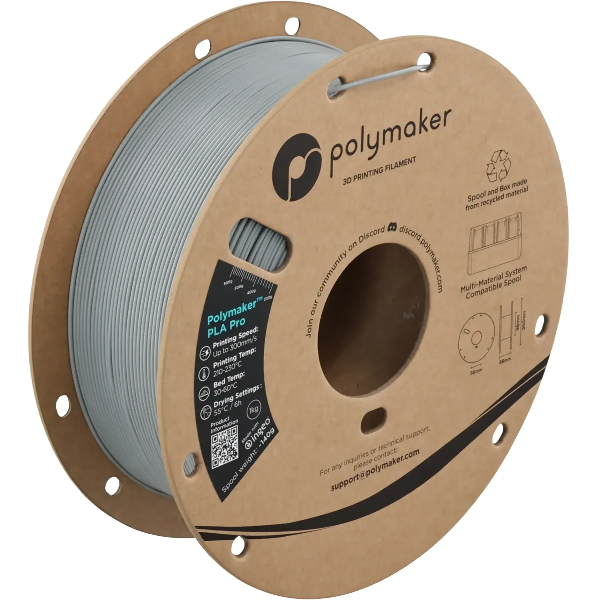 Polymaker PLA Pro Gray, 1.75 mm 1 kg spool with a printed example