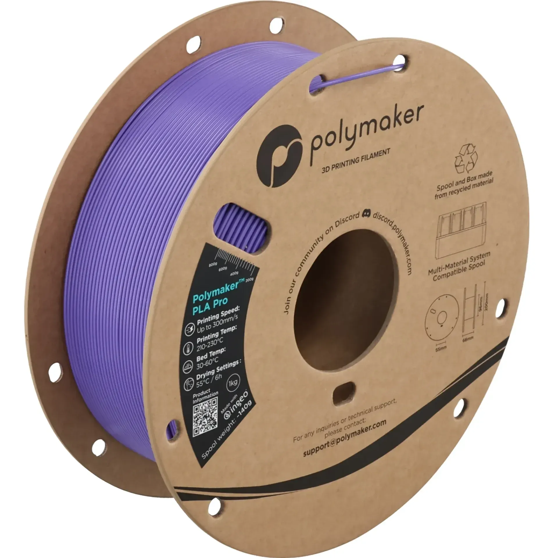 Polymaker PLA Pro Purple, 1.75 mm 1 kg spool with a printed example