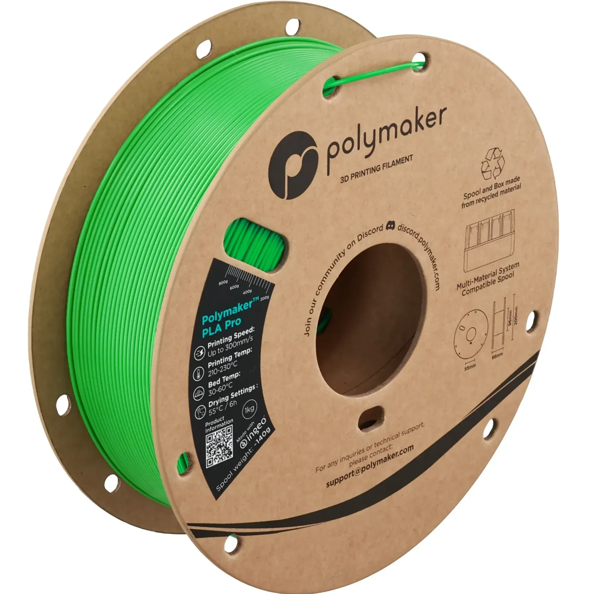 Polymaker PLA Pro Green, 1.75 mm 1 kg spool with a printed example