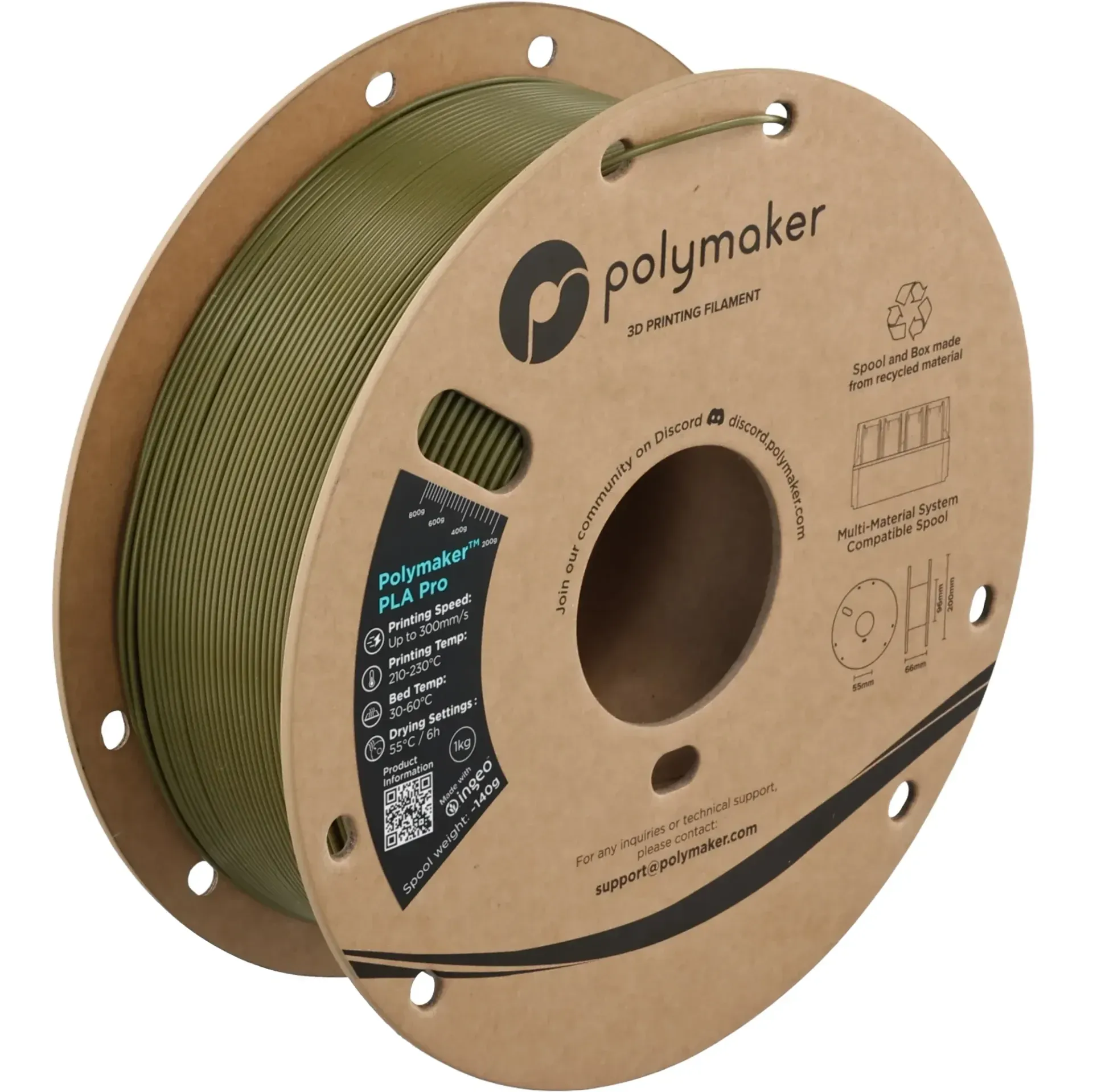 Polymaker PLA Pro Army Green, 1.75 mm 1 kg spool with a printed example