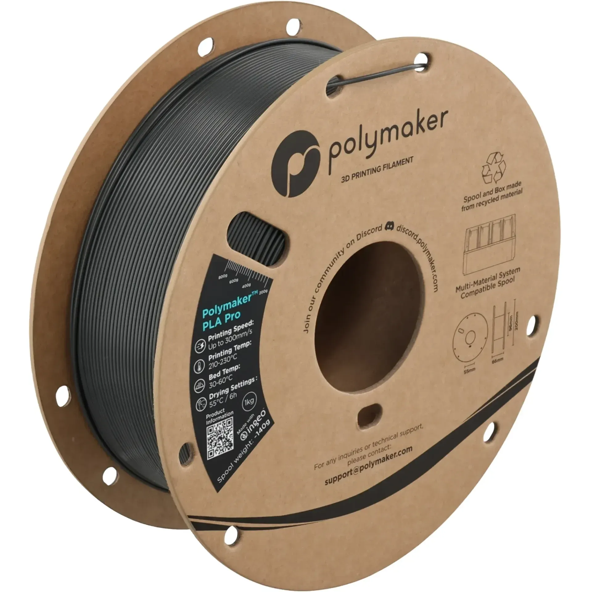 Polymaker PLA Pro Dark Gray, 1.75 mm 1 kg spool with a printed example