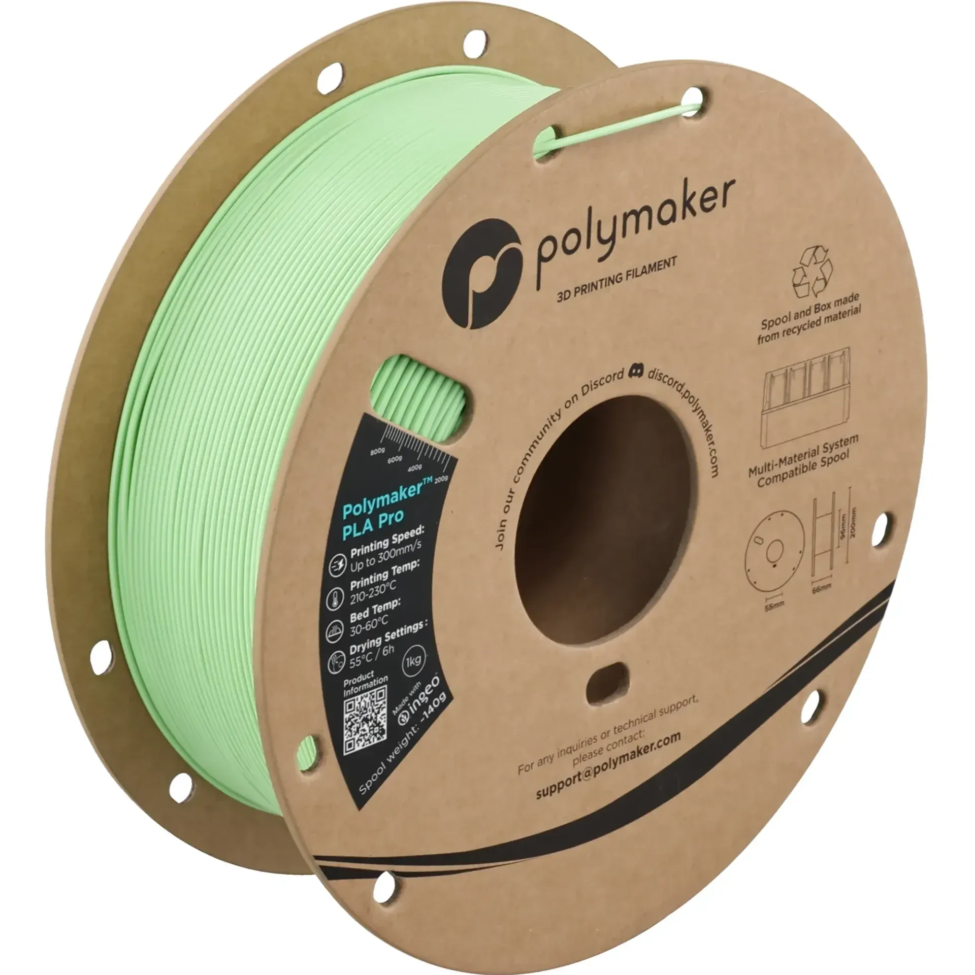 Polymaker PLA Pro Light Green, 1.75 mm 1 kg spool with a printed example