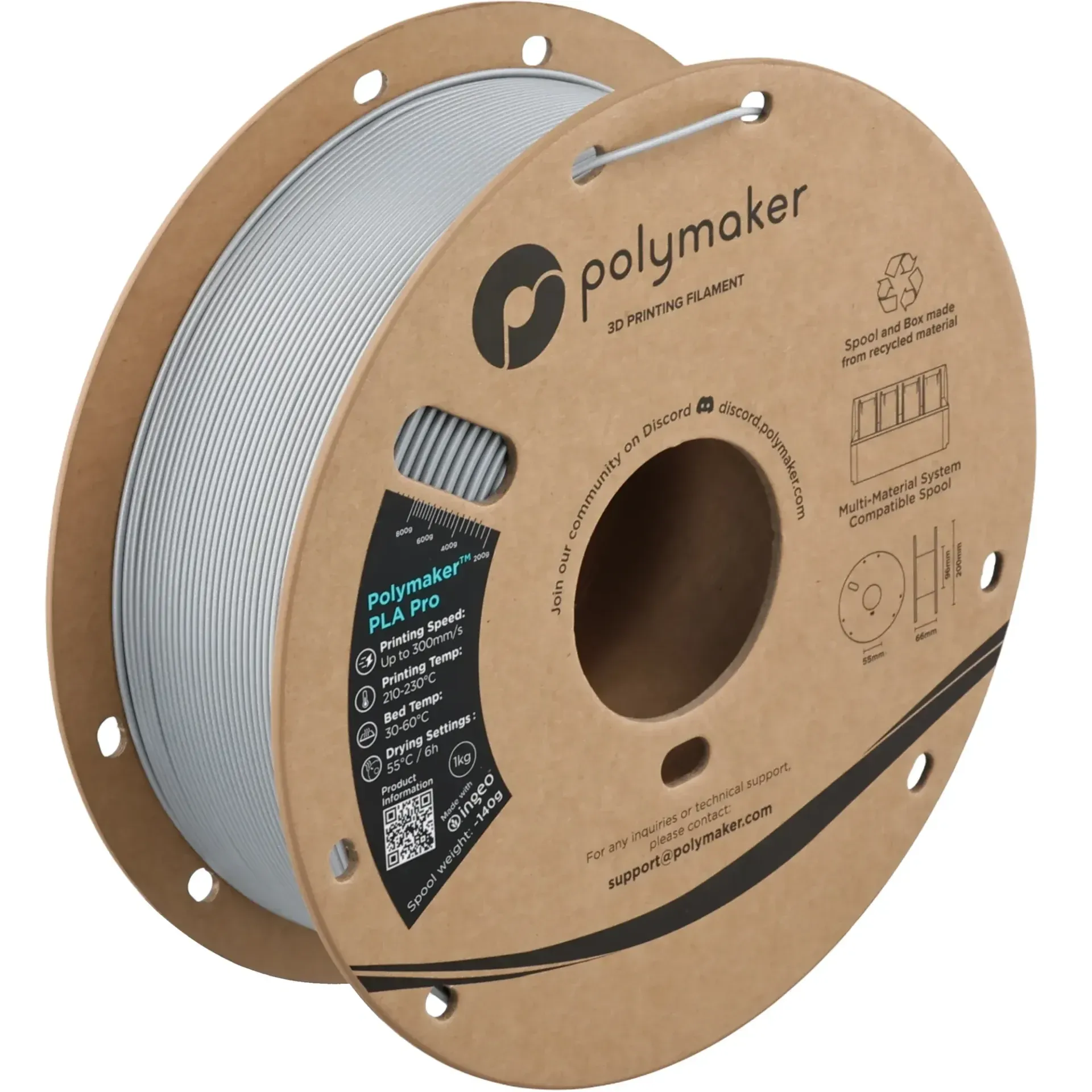 Polymaker PLA Pro Metallic Silver, 1.75 mm 1 kg spool with a printed example