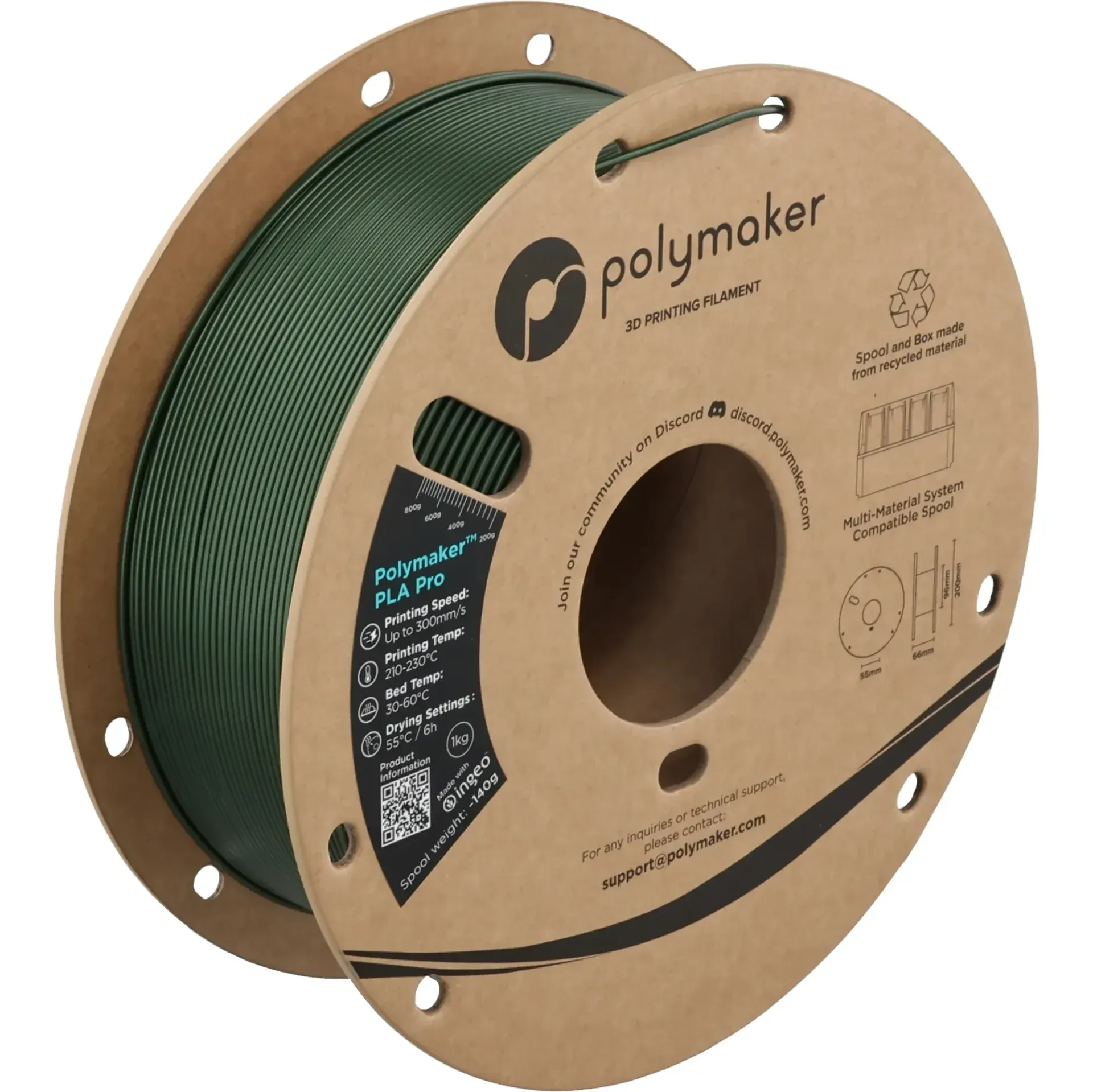 Polymaker PLA Pro Metallic Green, 1.75 mm 1 kg spool with a printed example