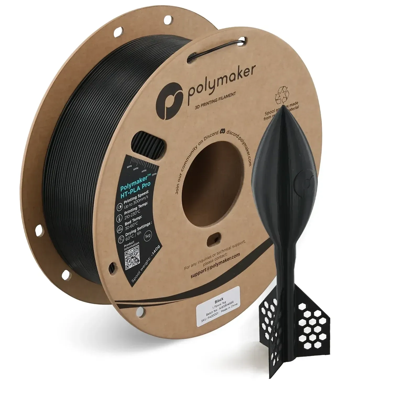 Polymaker HT-PLA Pro Black, 1.75 mm 1 kg spool with a printed example