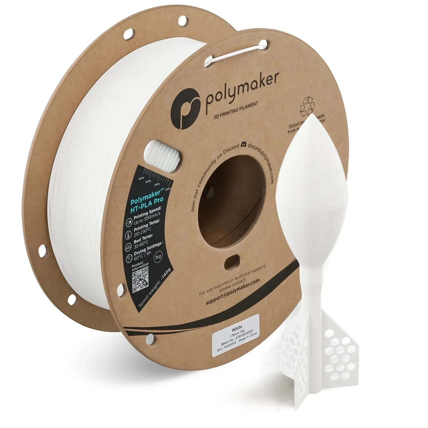 Polymaker HT-PLA Pro White, 1.75 mm 1 kg spool with a printed example
