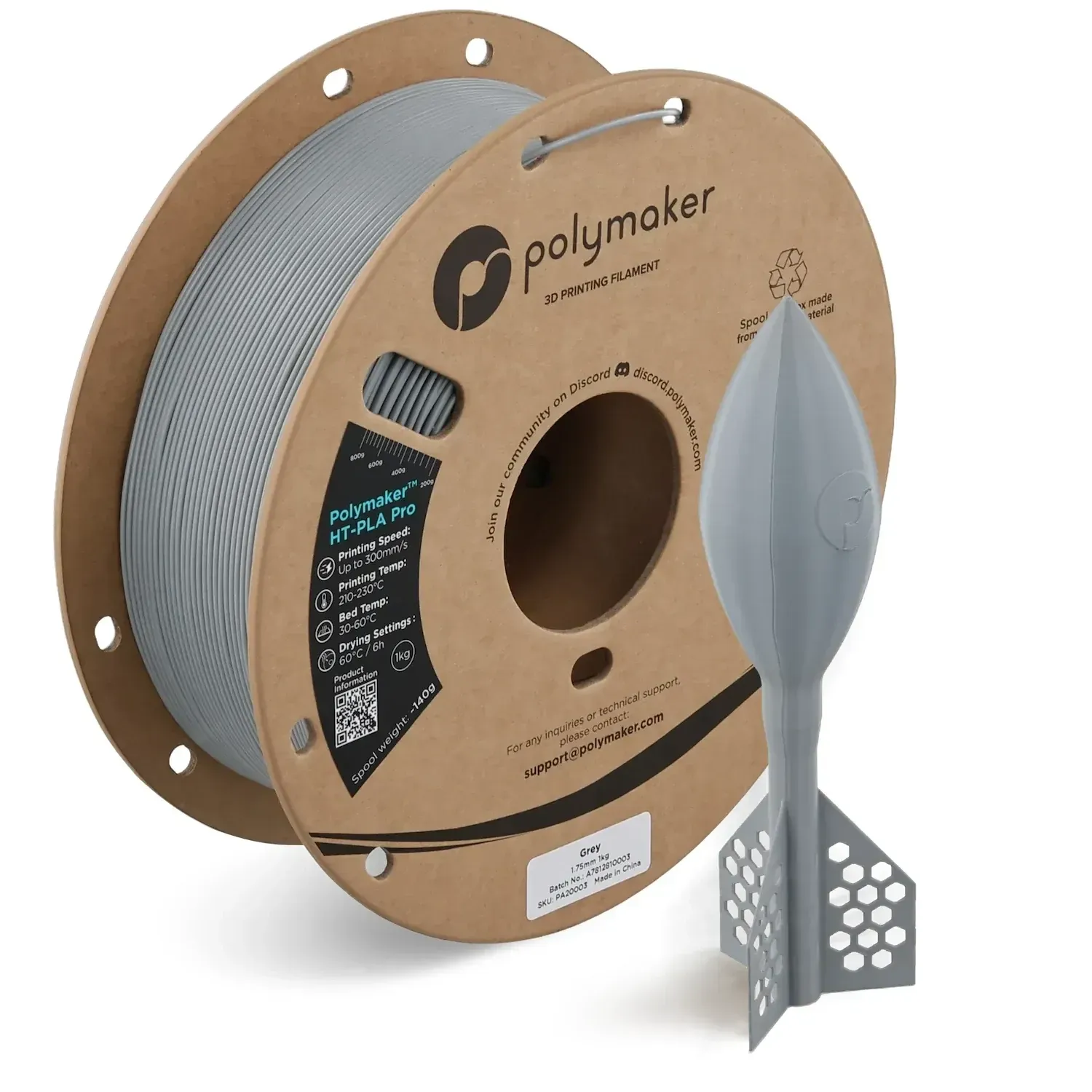 Polymaker HT-PLA Pro Gray, 1.75 mm 1 kg spool with a printed example