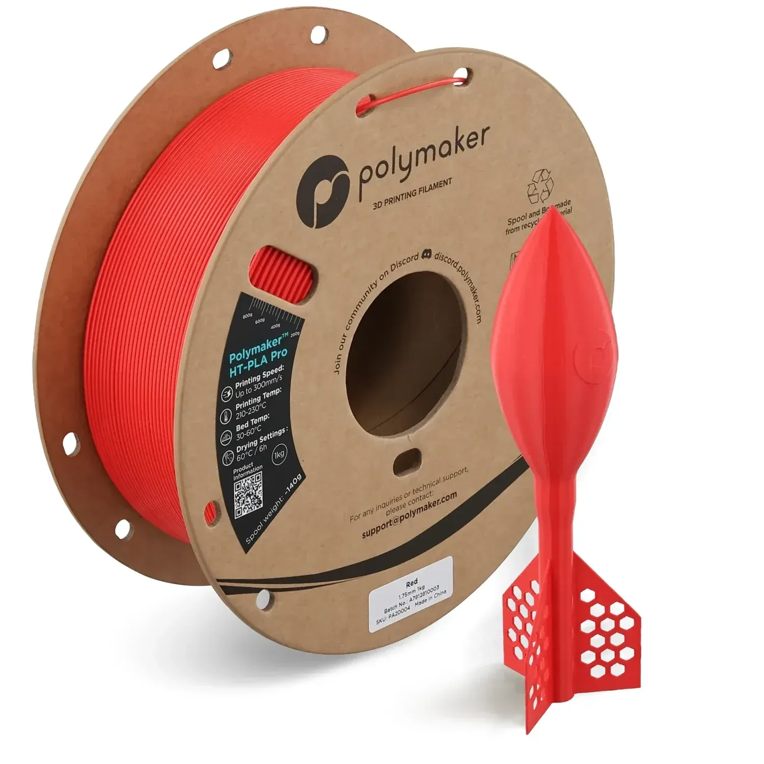 Polymaker HT-PLA Pro Red, 1.75 mm 1 kg spool with a printed example