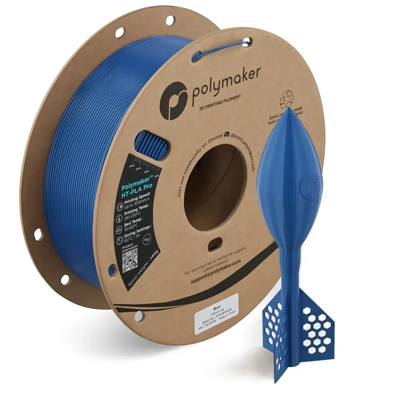 Polymaker HT-PLA Pro Blue, 1.75 mm 1 kg spool with a printed example