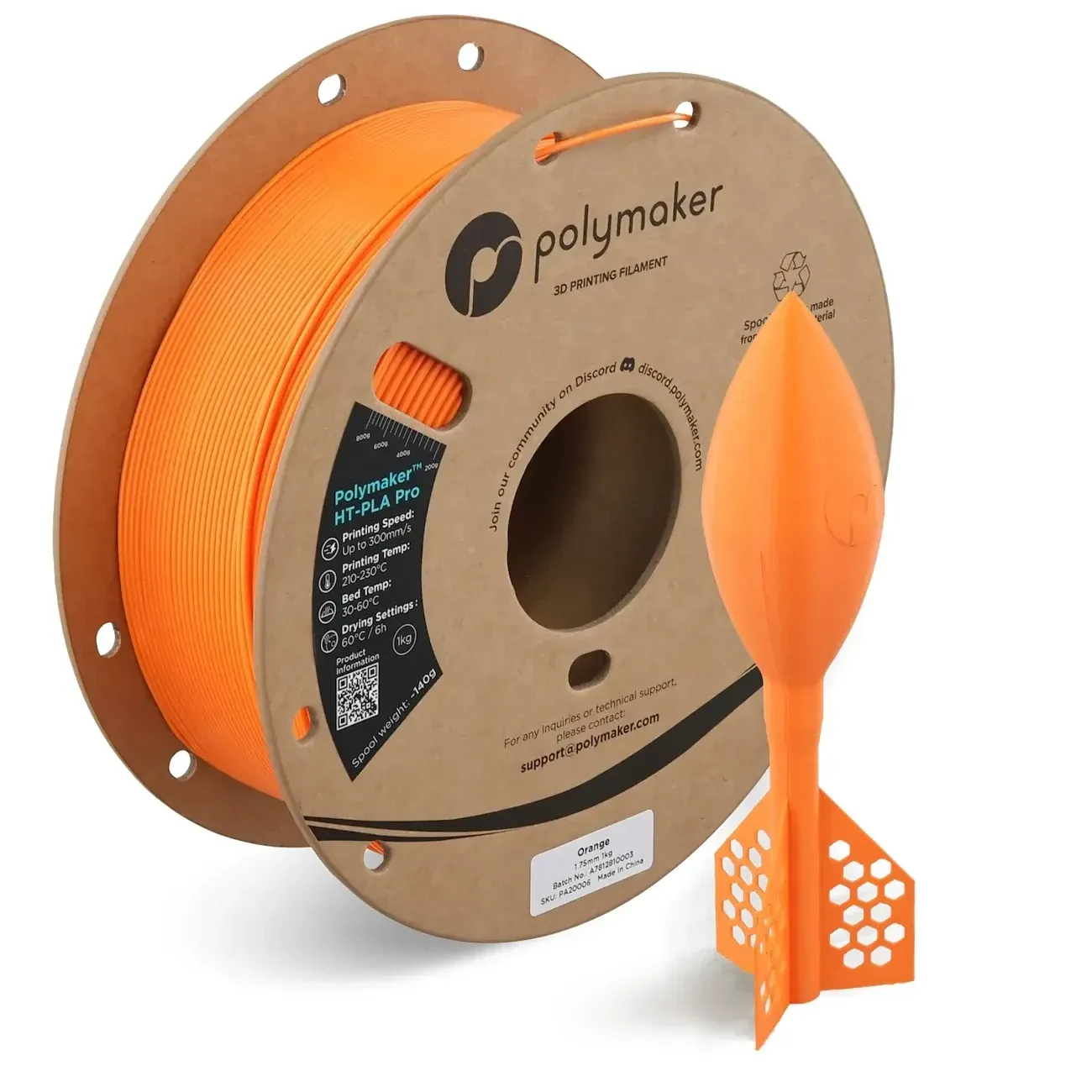 Polymaker HT-PLA Pro Orange, 1.75 mm 1 kg spool with a printed example