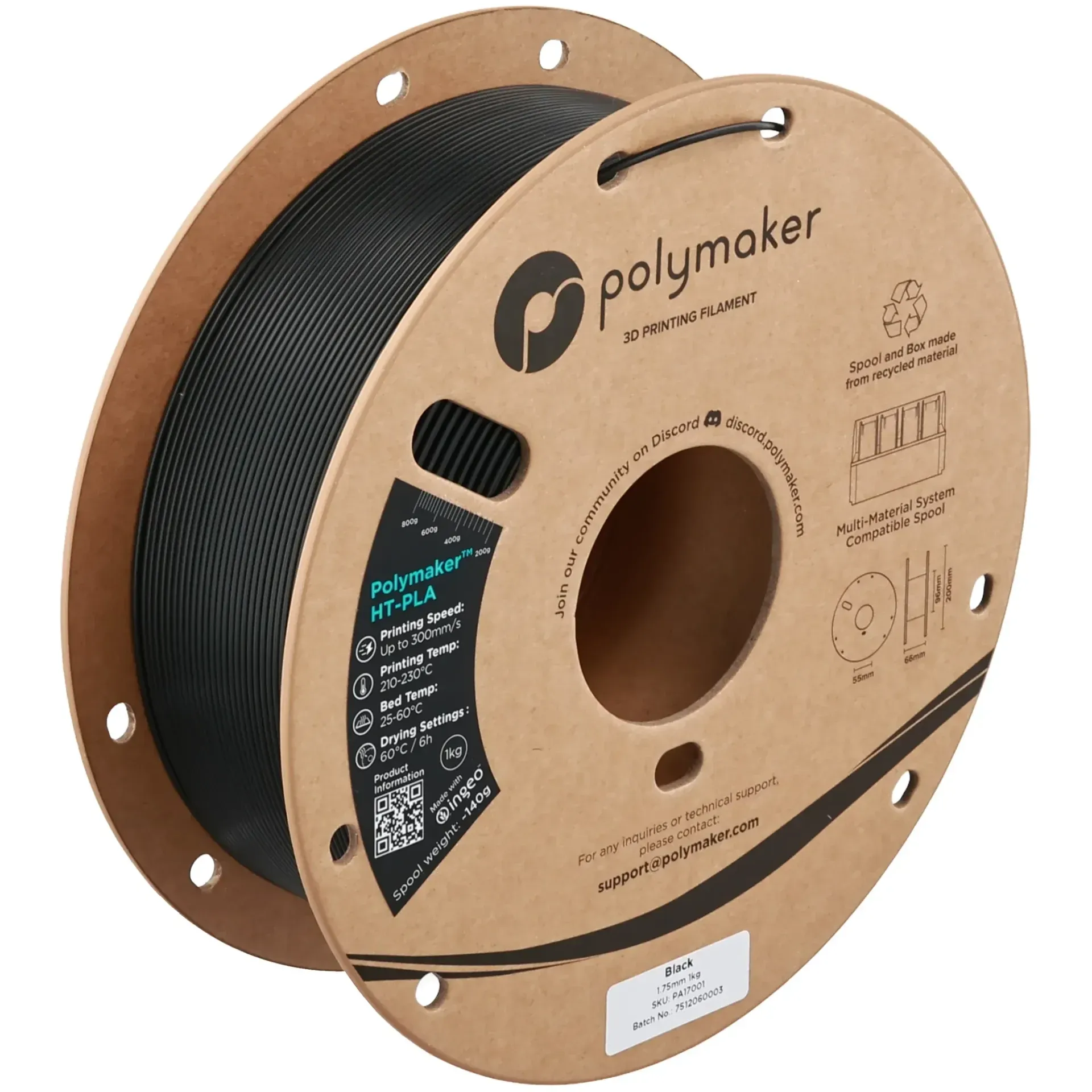 Polymaker HT-PLA Black, 1.75 mm 1 kg spool with a printed example