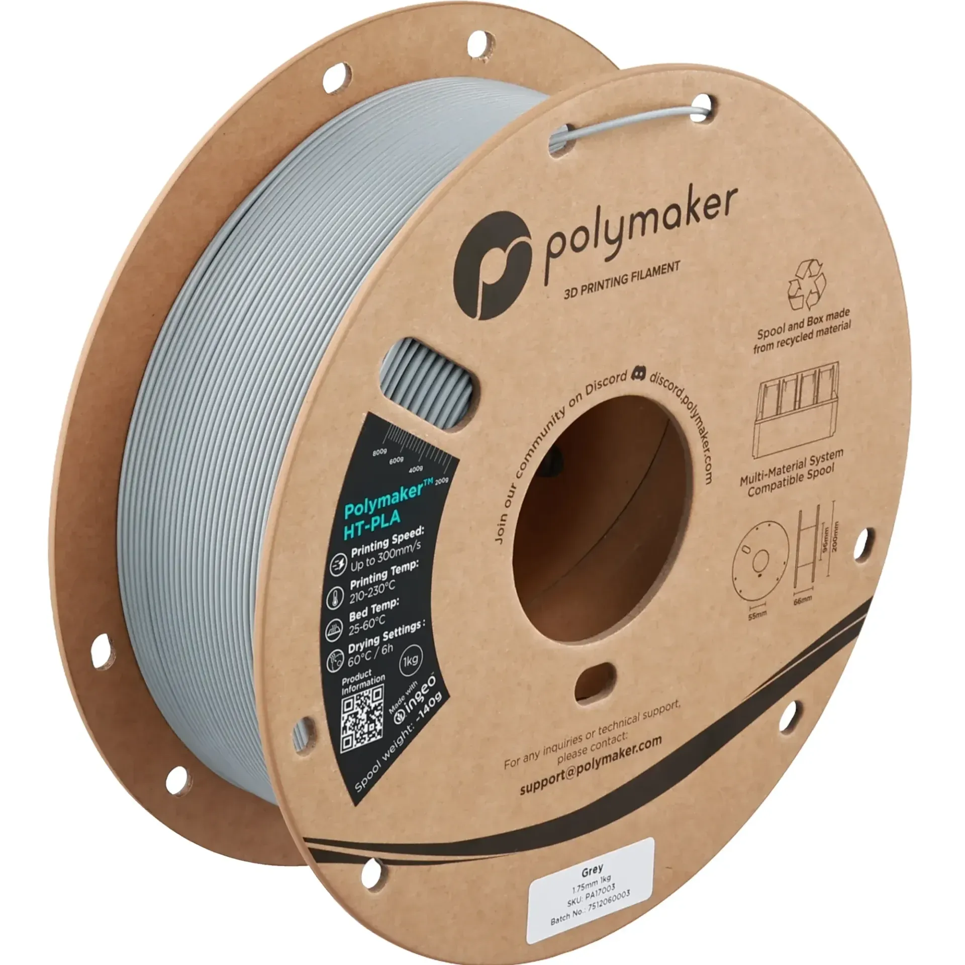 Polymaker HT-PLA Gray, 1.75 mm 1 kg spool with a printed example