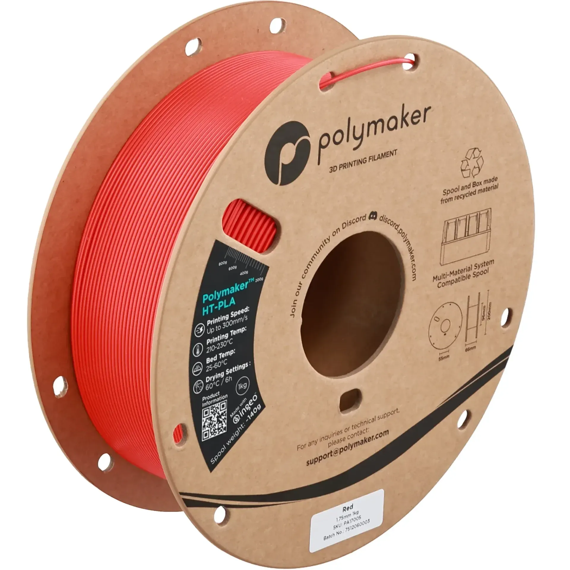 Polymaker HT-PLA Red, 1.75 mm 1 kg spool with a printed example