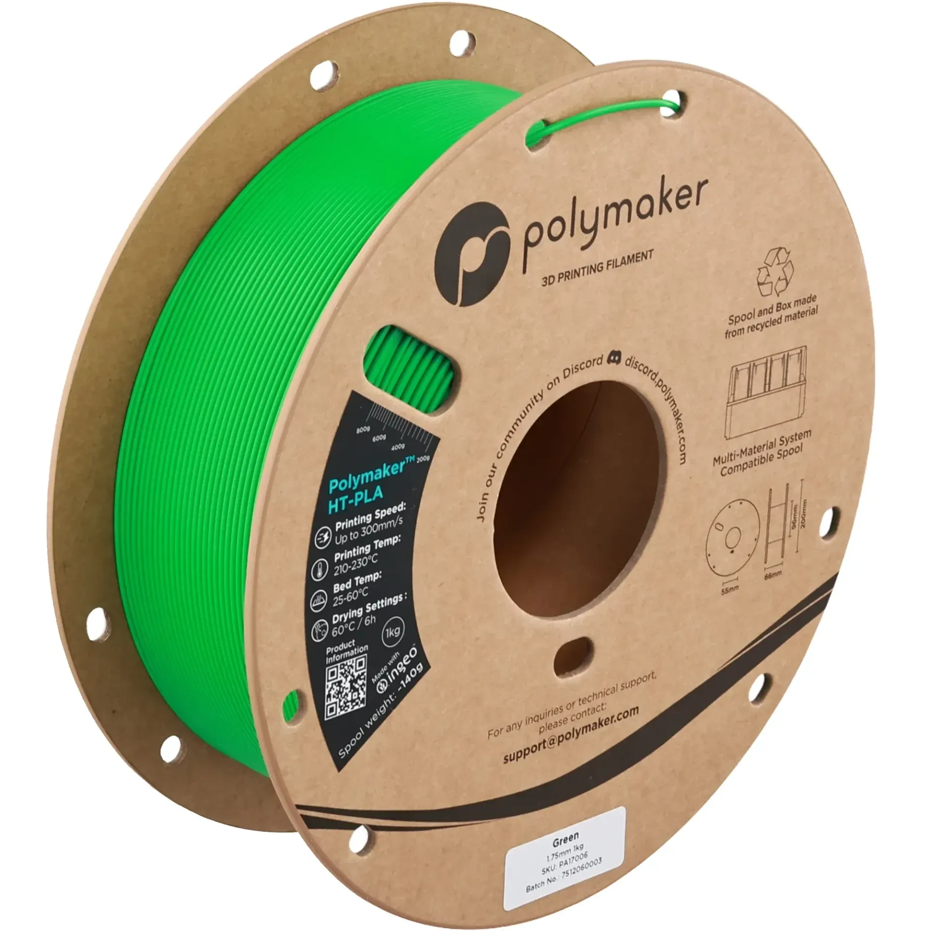 Polymaker HT-PLA Green, 1.75 mm 1 kg spool with a printed example