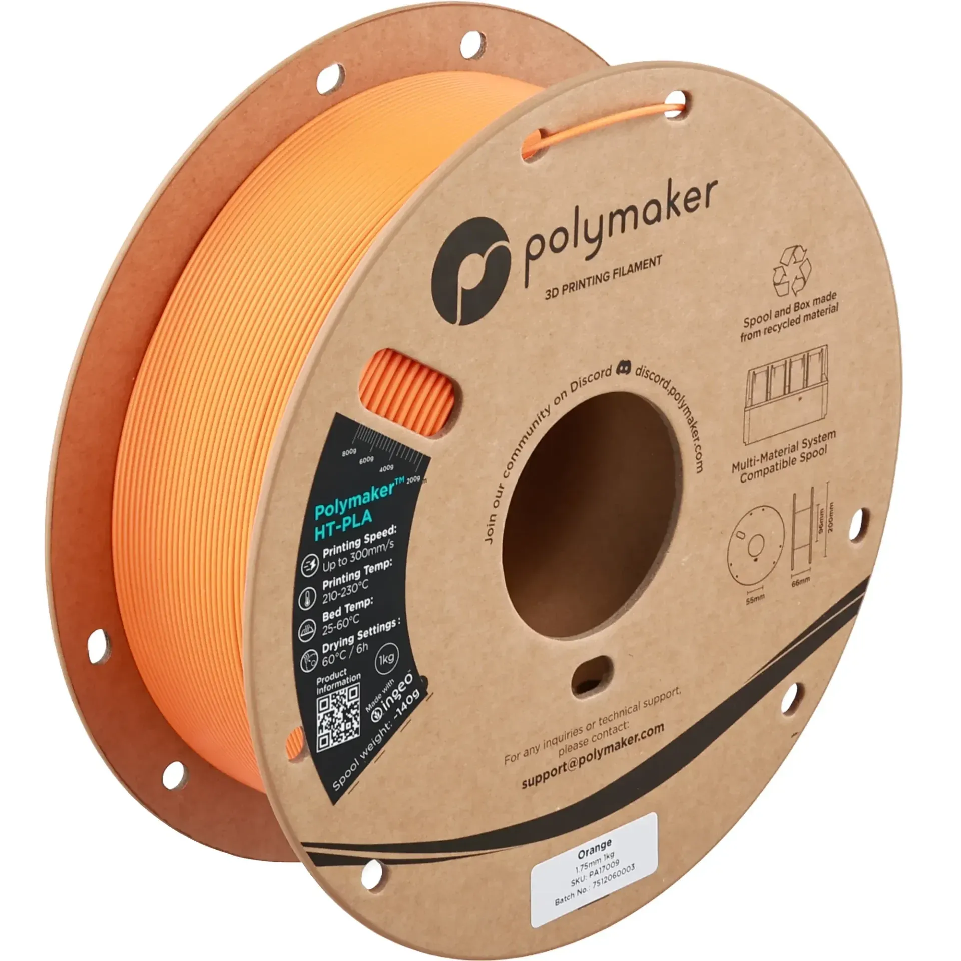 Polymaker HT-PLA Orange, 1.75 mm 1 kg spool with a printed example