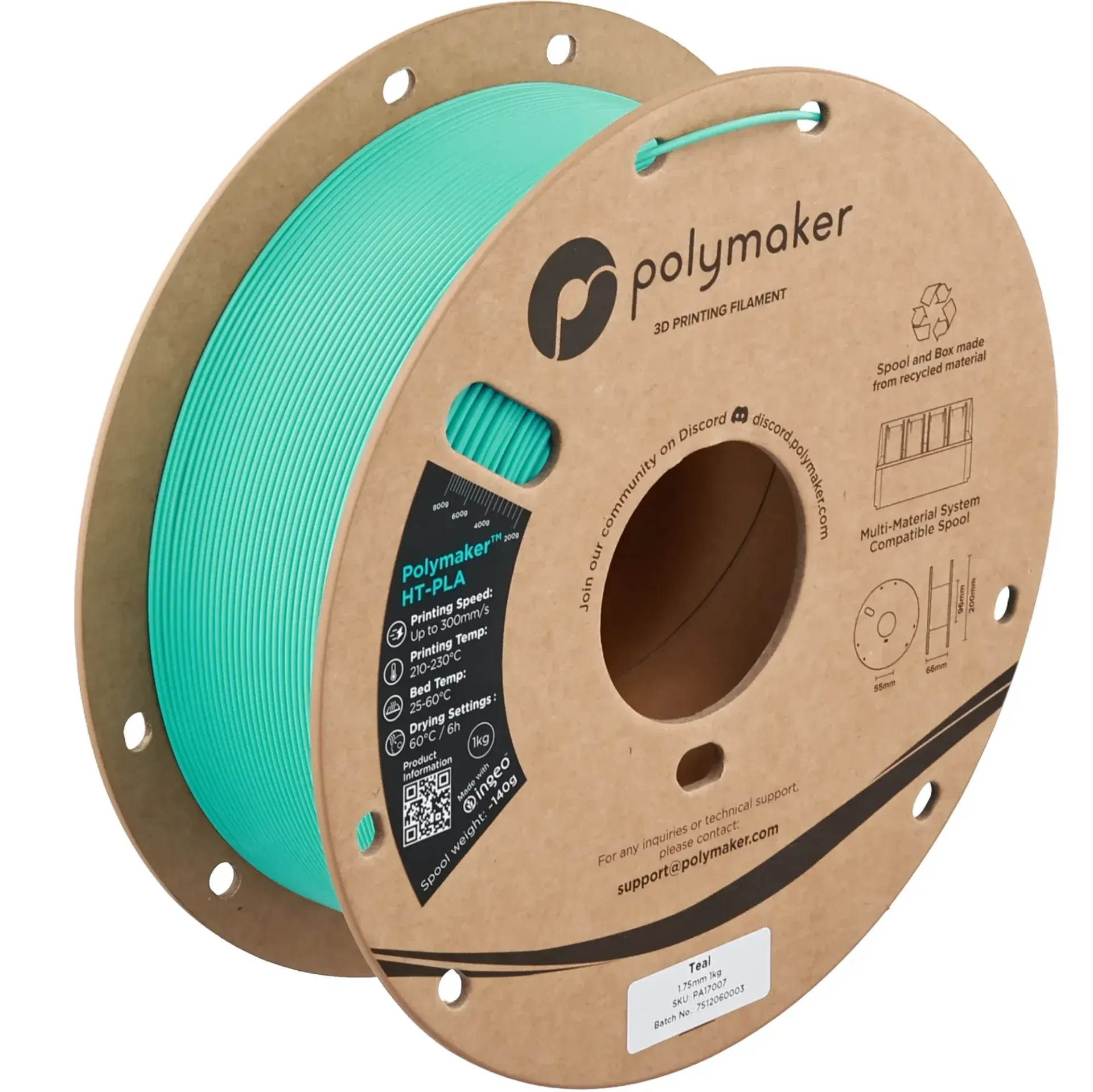 Polymaker HT-PLA Polymaker Teal, 1.75 mm 1 kg spool with a printed example