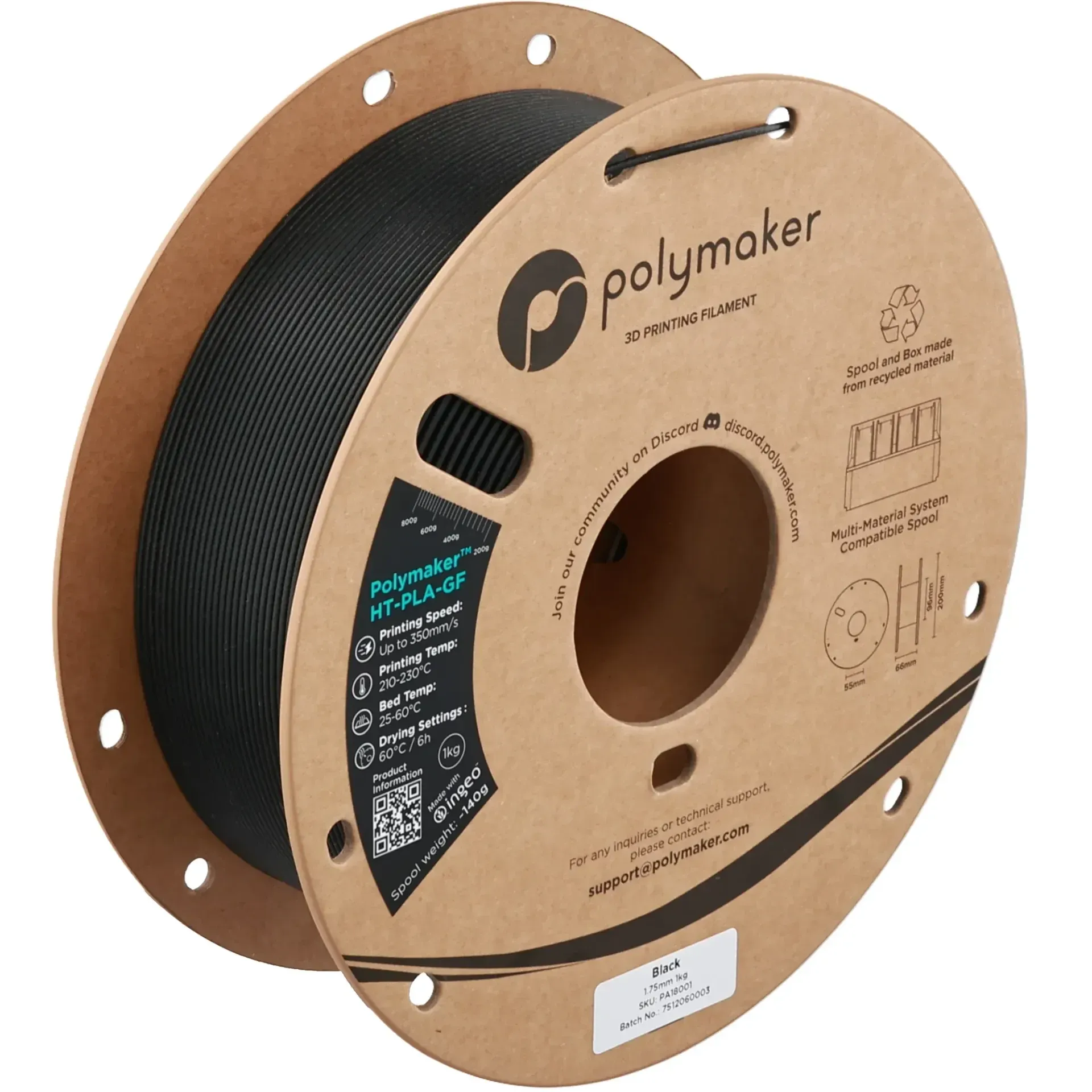 Polymaker HT-PLA-GF Black, 1.75 mm 1 kg spool with a printed example