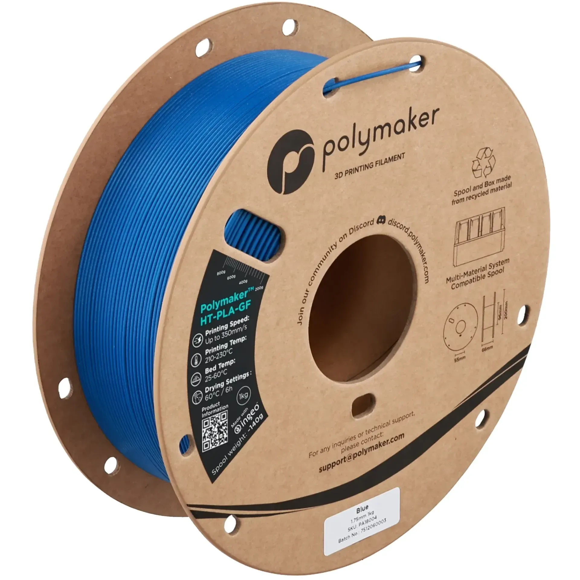 Polymaker HT-PLA-GF Blue, 1.75 mm 1 kg spool with a printed example