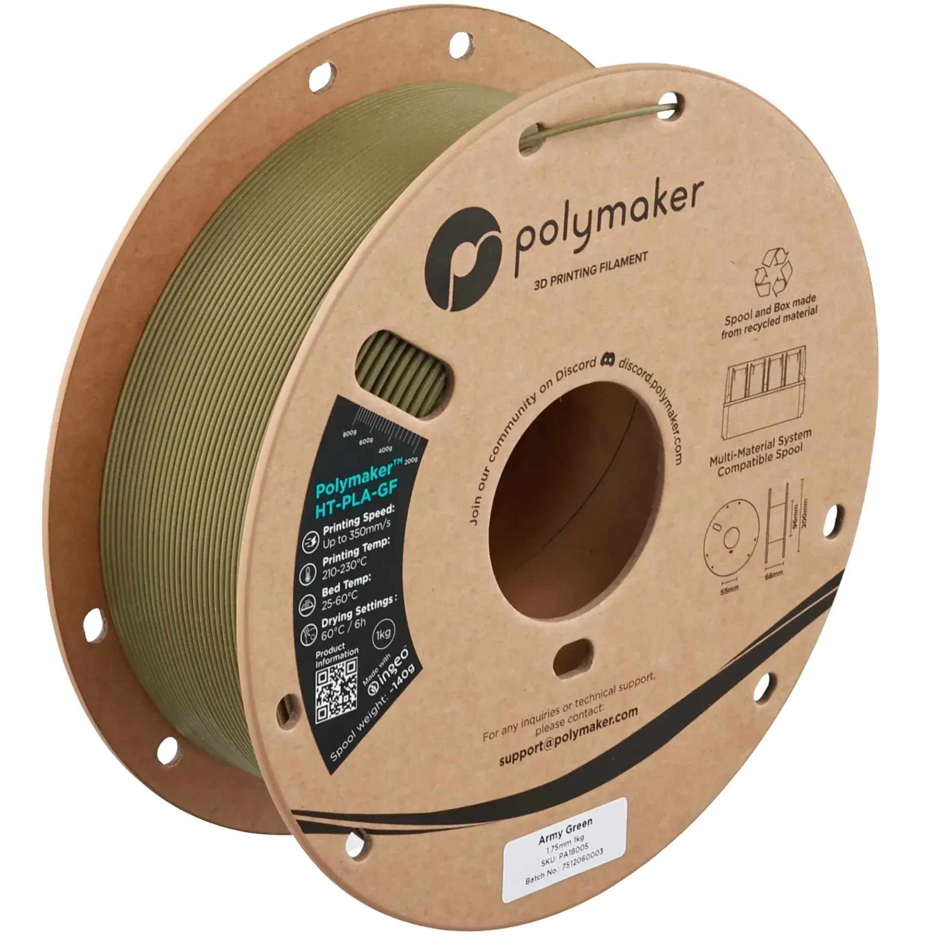 Polymaker HT-PLA-GF Army Green, 1.75 mm 1 kg spool with a printed example