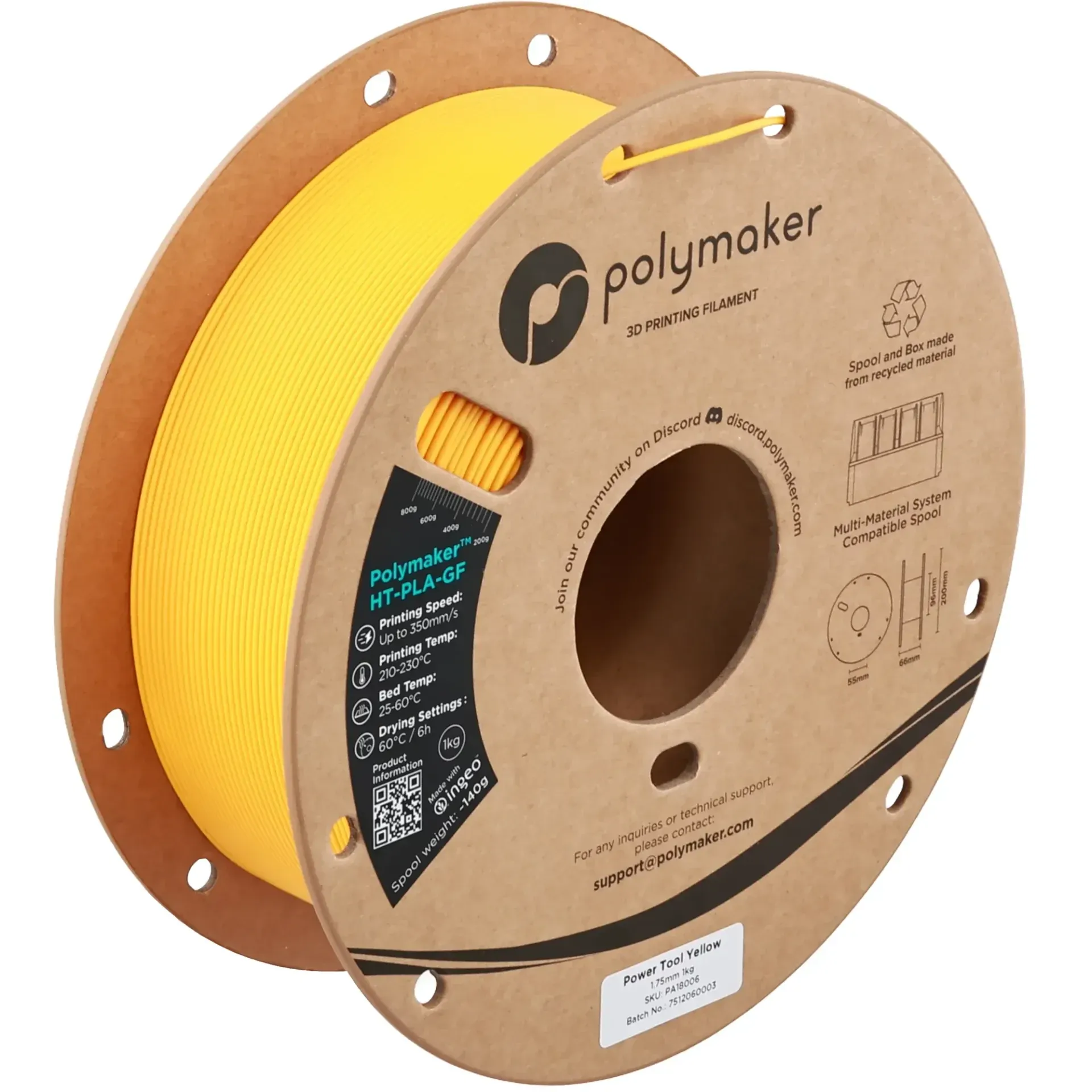 Polymaker HT-PLA-GF Power Tool Yellow, 1.75 mm 1 kg spool with a printed example