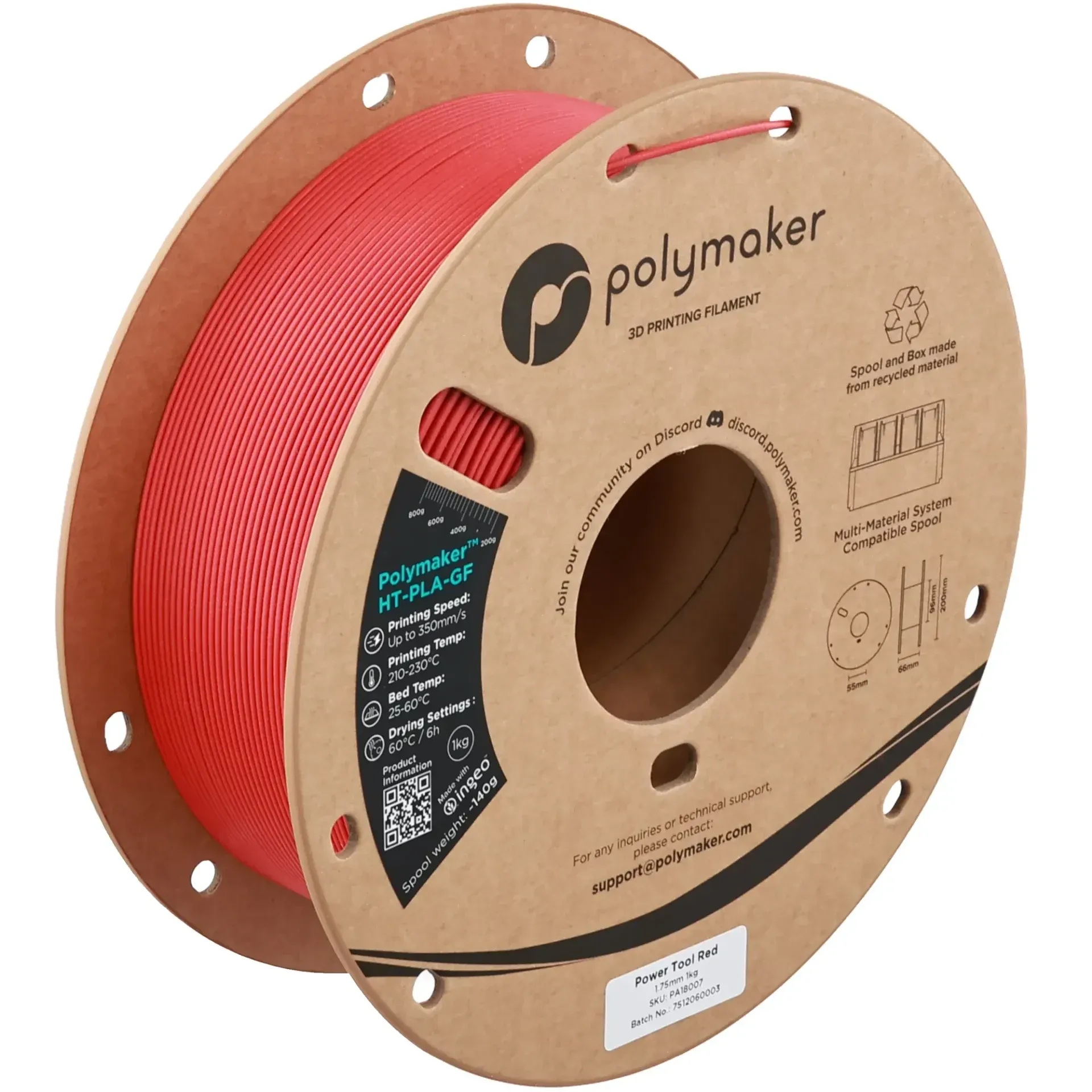 Polymaker HT-PLA-GF Power Tool Red, 1.75 mm 1 kg spool with a printed example