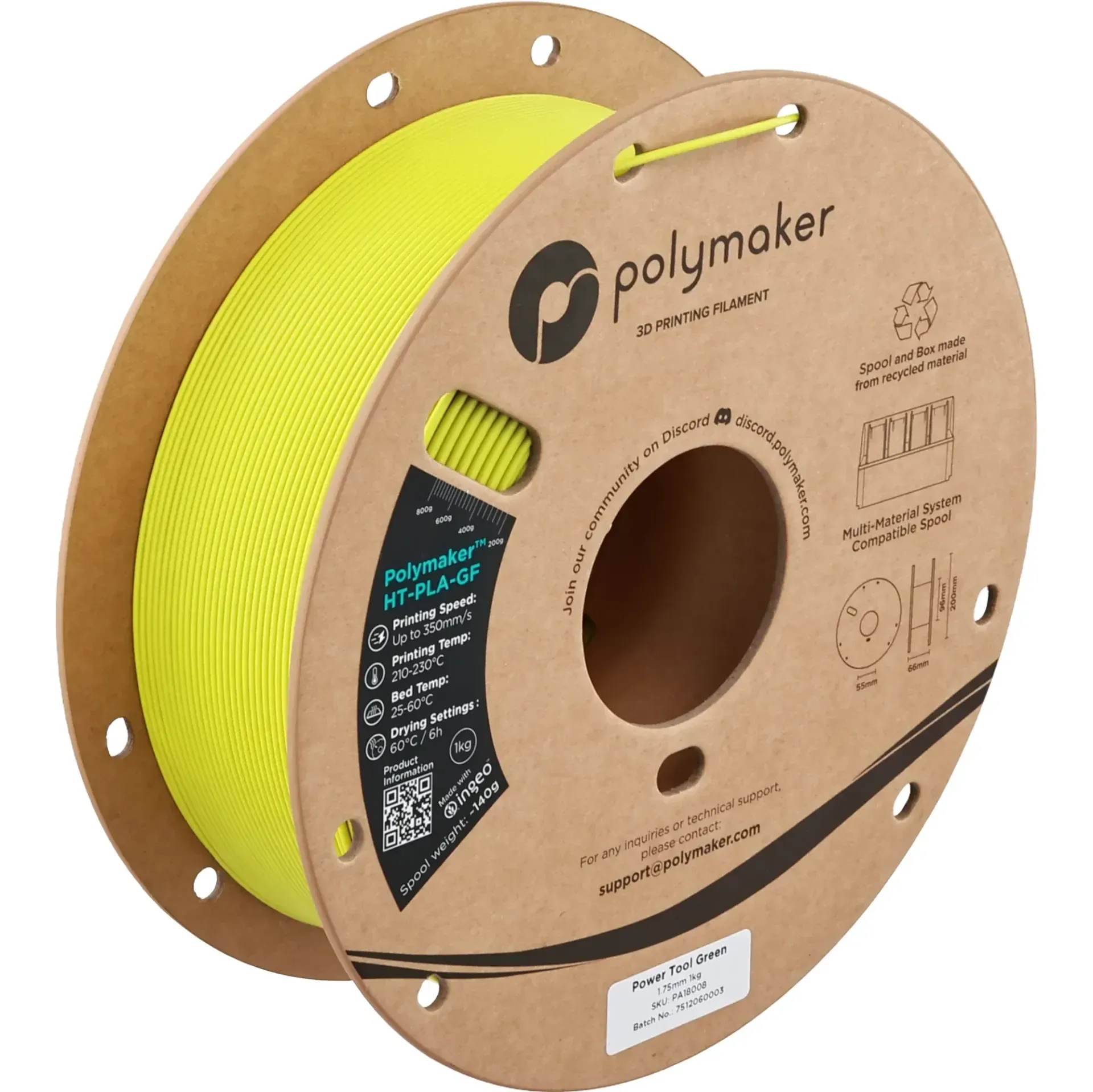 Polymaker HT-PLA-GF Power Tool Green, 1.75 mm 1 kg spool with a printed example