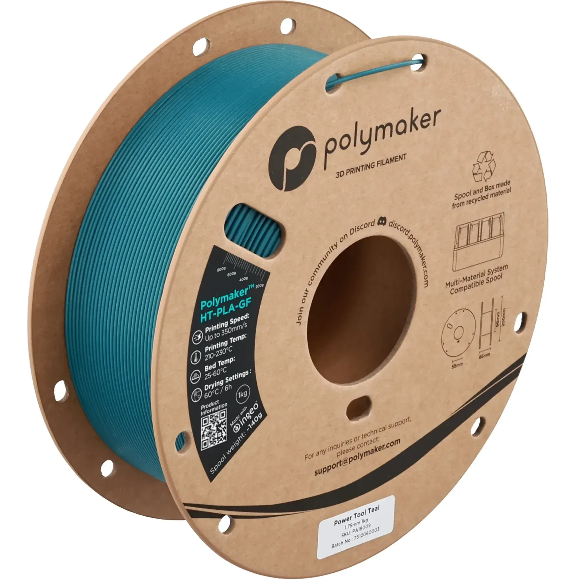 Polymaker HT-PLA-GF Power Tool Teal, 1.75 mm 1 kg spool with a printed example