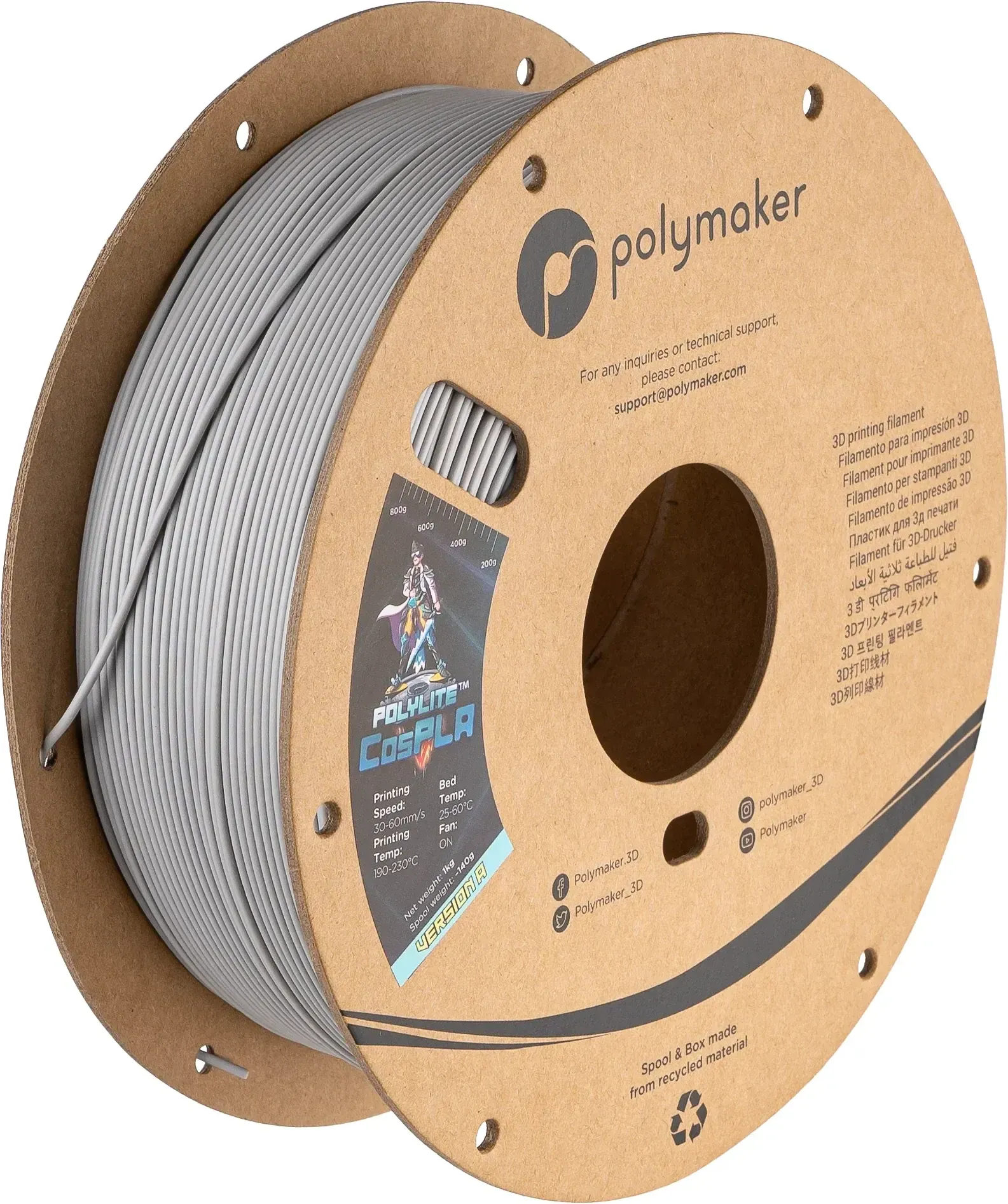 PolyLite CosPLA Gray, 1.75 mm 1 kg spool, isometric view