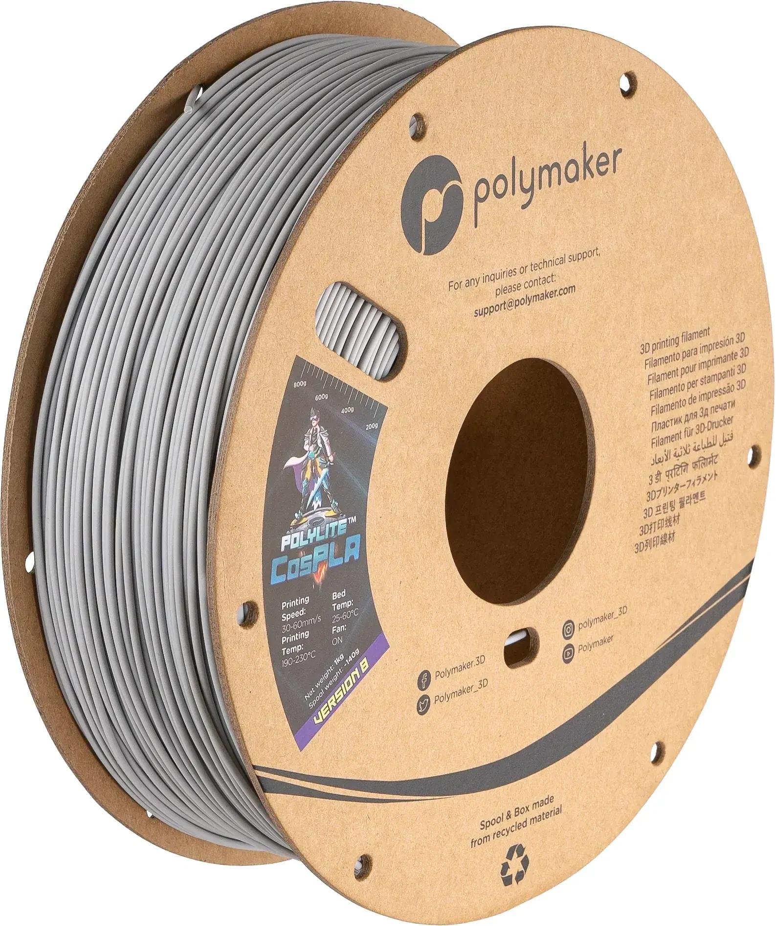 PolyLite CosPLA Gray, 1.75 mm 1 kg spool, isometric view