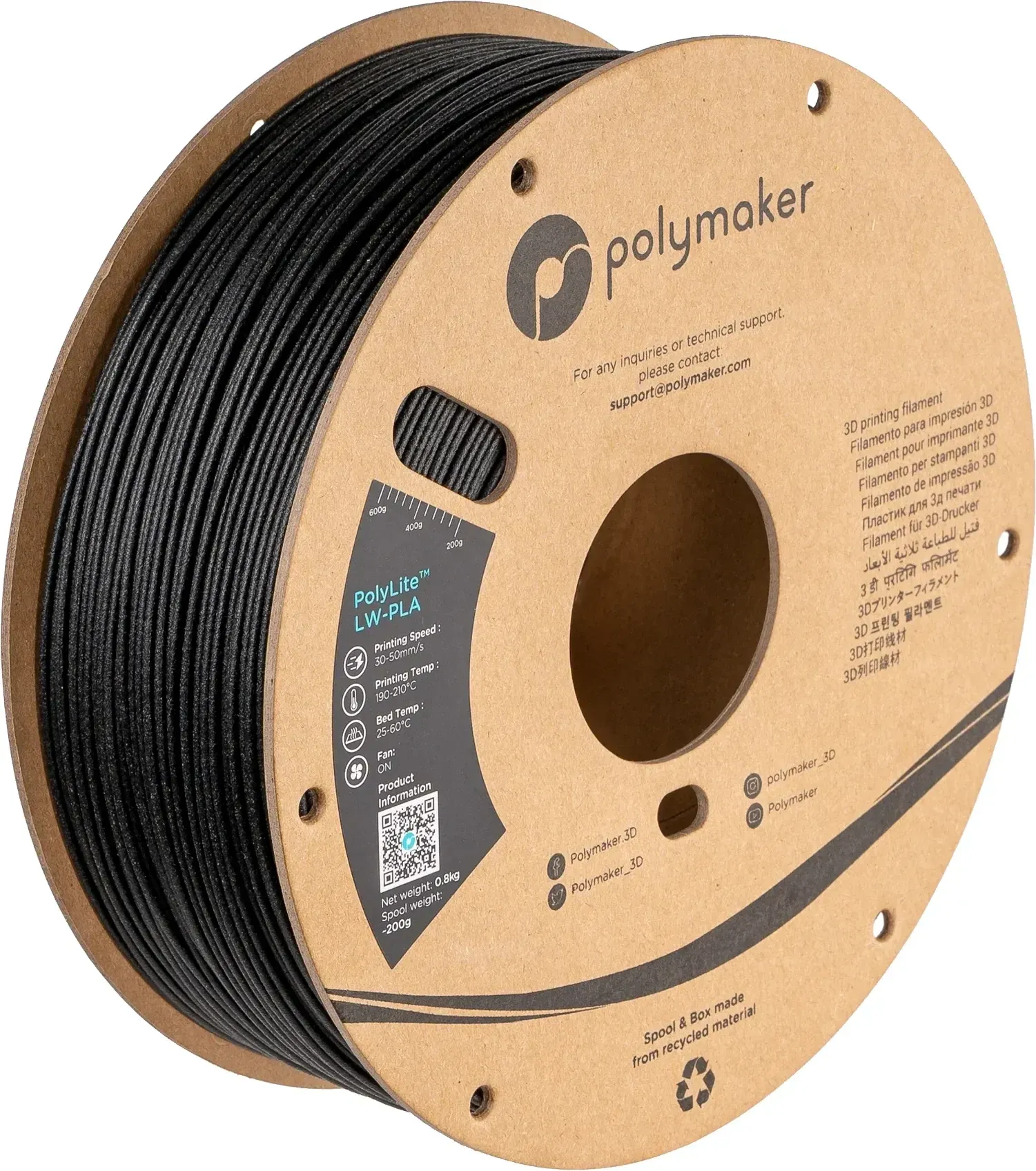 PolyLite LW-PLA Black, 1.75 mm 1 kg spool, isometric view