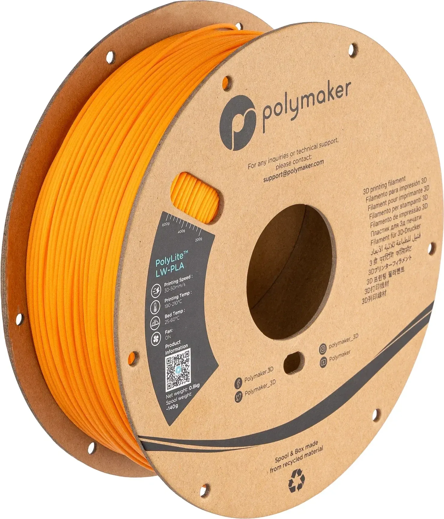 PolyLite LW-PLA Bright Orange, 1.75 mm 1 kg spool, isometric view