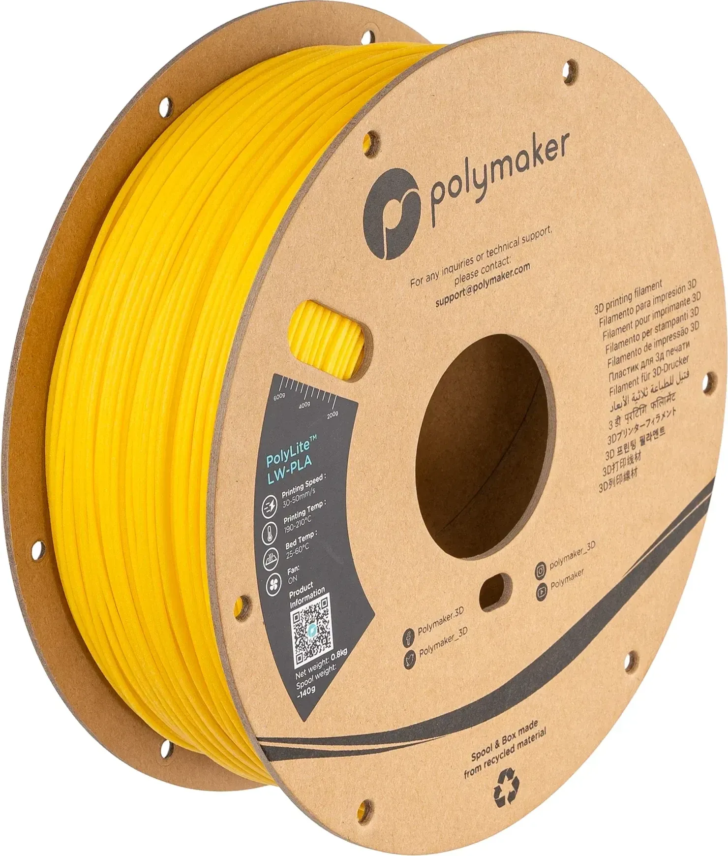PolyLite LW-PLA Bright Yellow, 1.75 mm 1 kg spool, isometric view