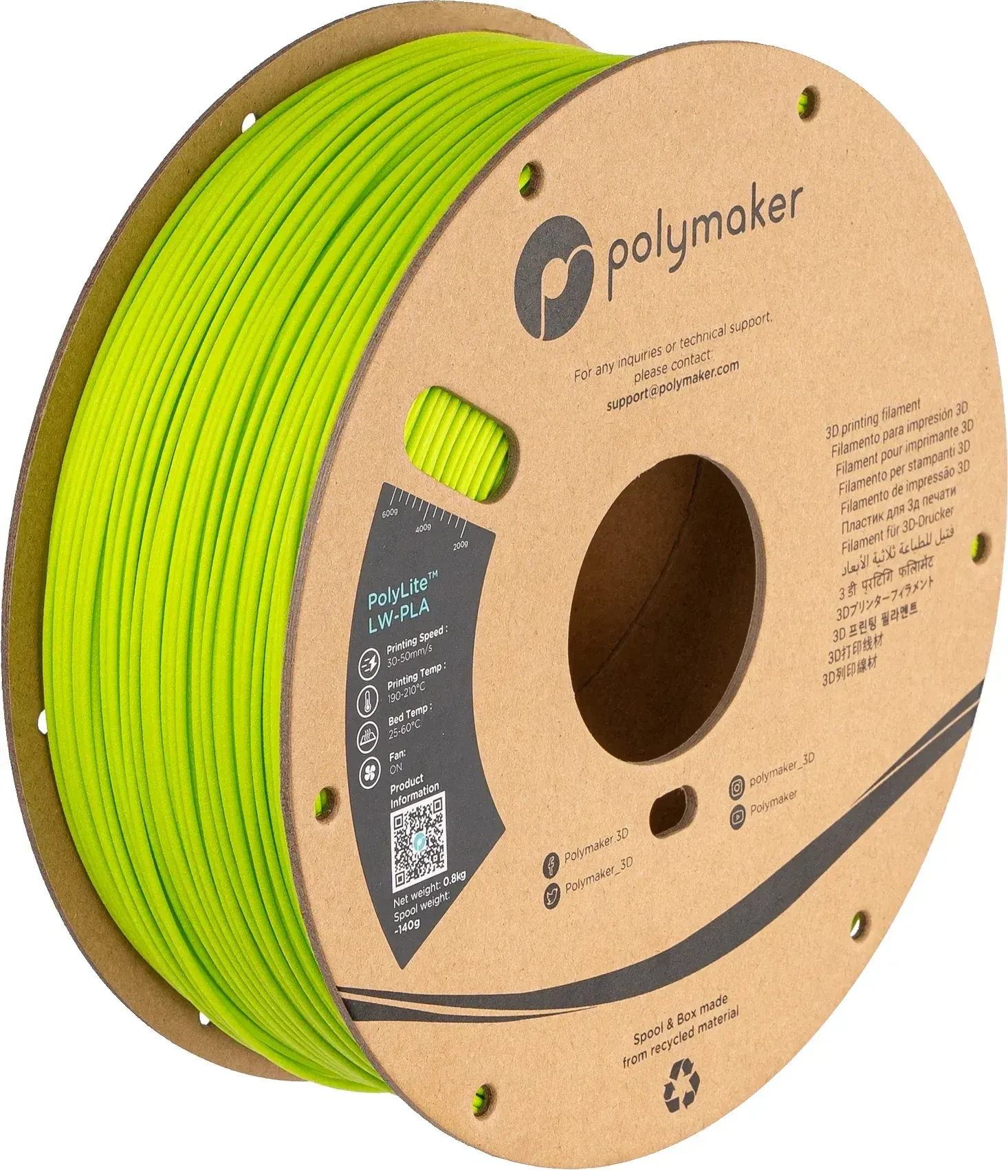 PolyLite LW-PLA Bright Green, 1.75 mm 1 kg spool, isometric view