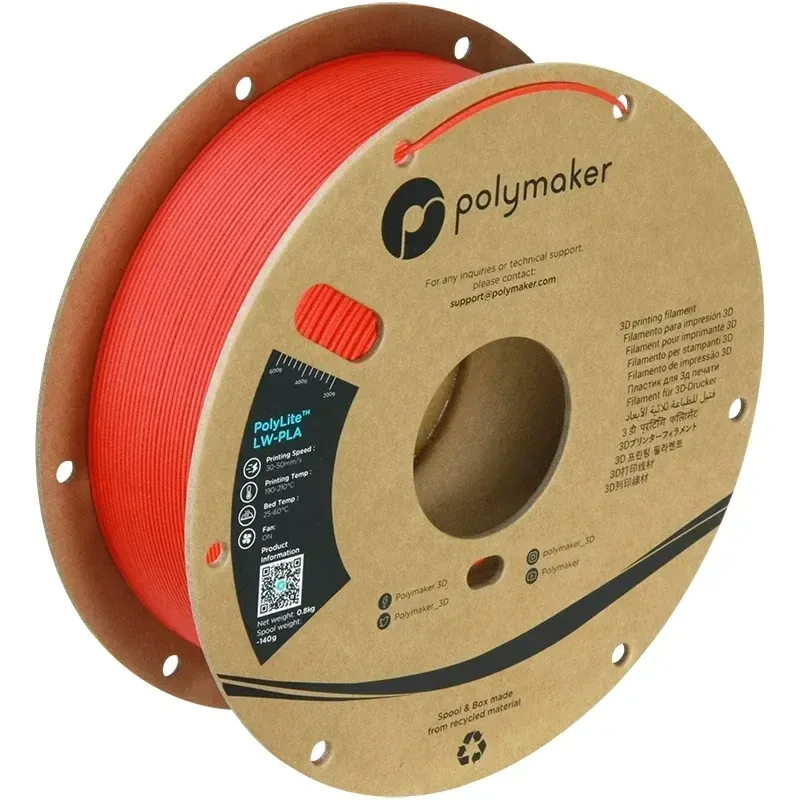 PolyLite LW-PLA Bright Red, 1.75 mm 1 kg spool with a printed example