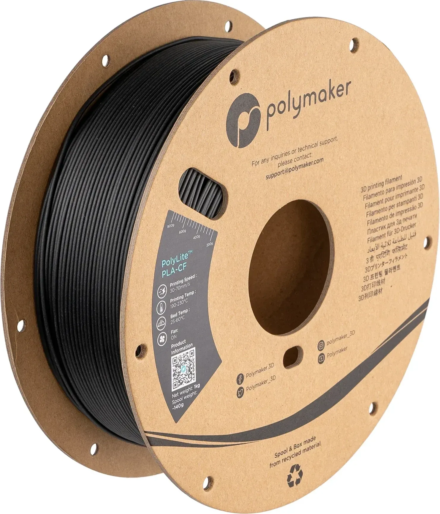 PolyLite PLA-CF Black, 1.75 mm 1 kg spool, isometric view