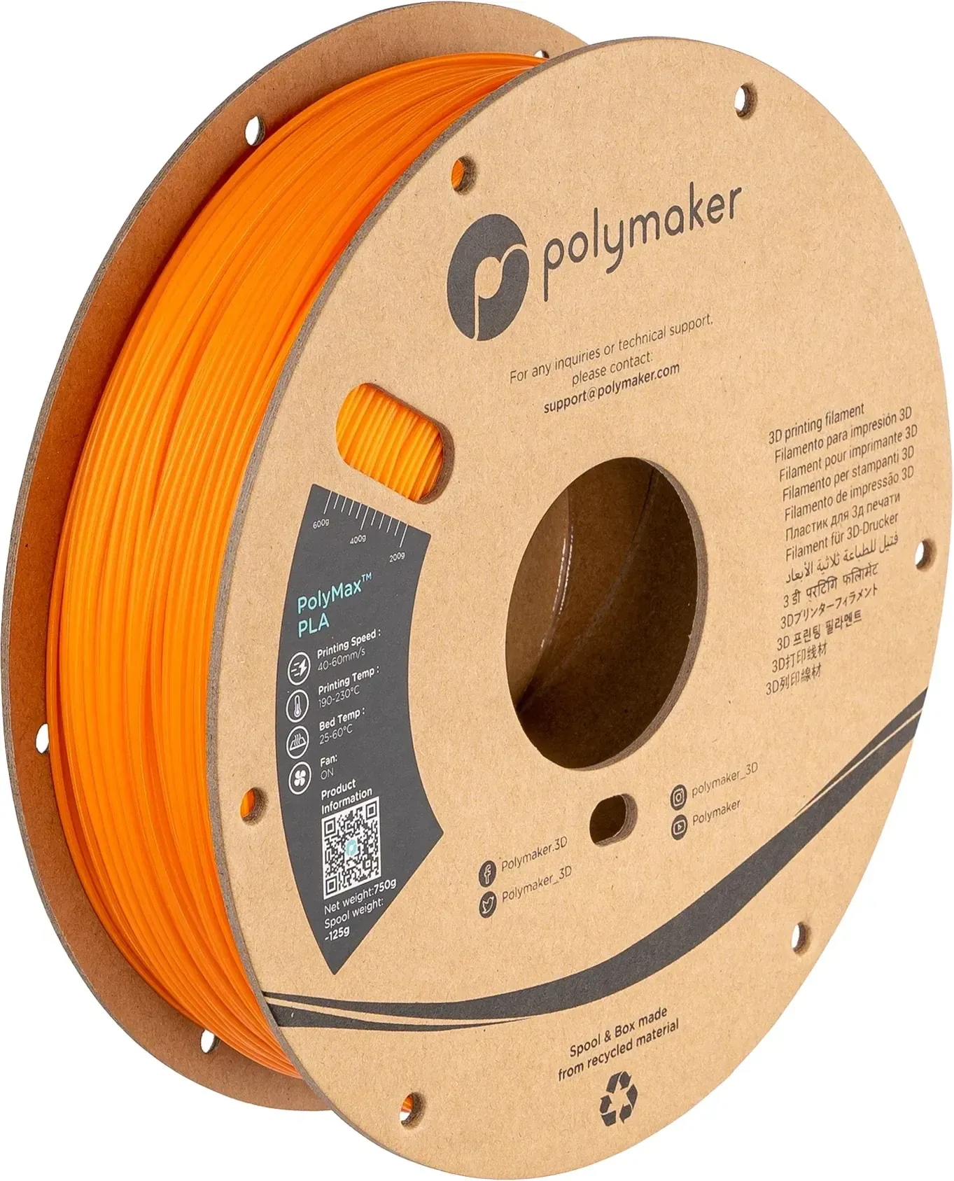 PolyMax PLA Orange, 1.75 mm 1 kg spool, isometric view